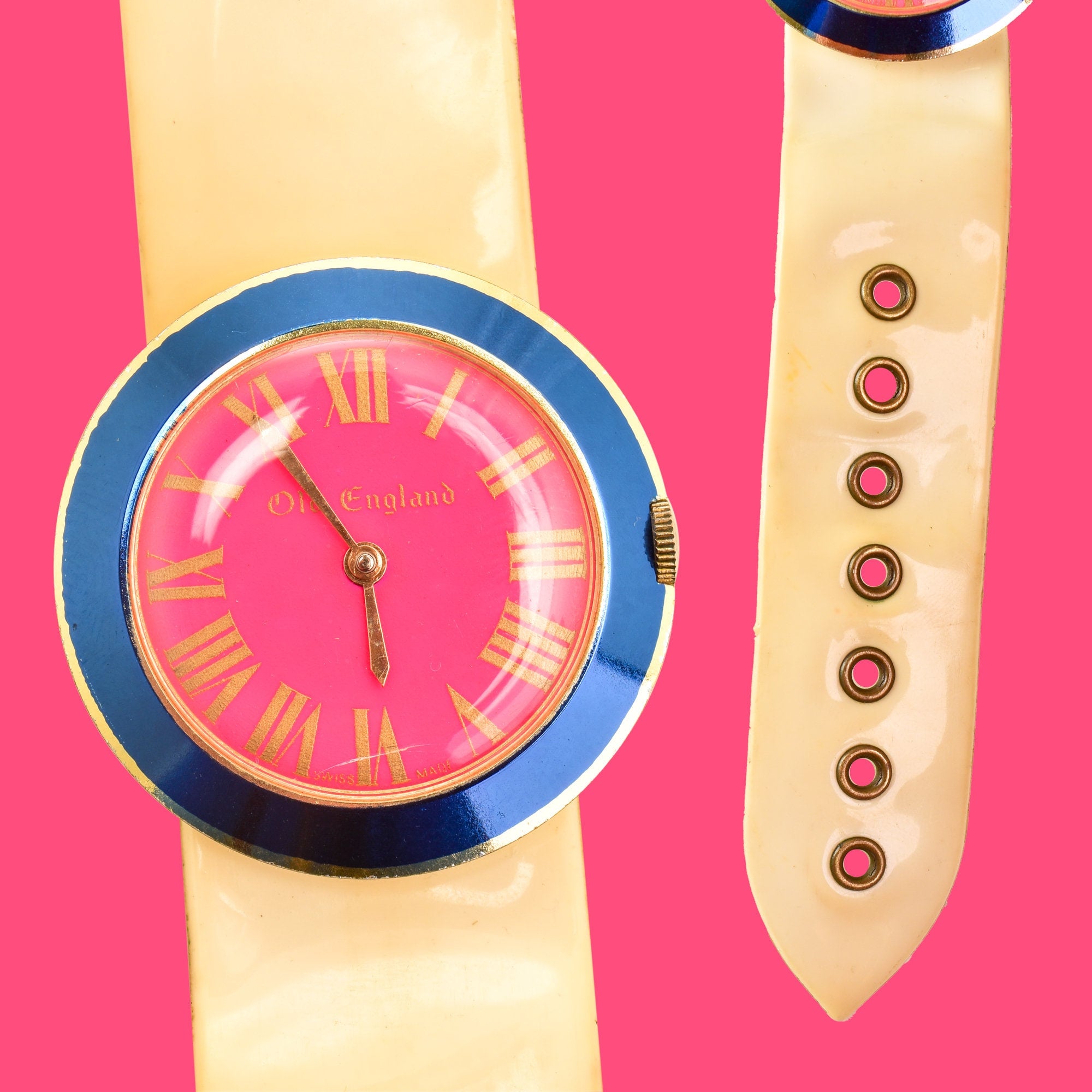 Mod 1967 Old England Pink Blue & Beige Ladies Watch, Adjustable Vinyl Band, Working Condition