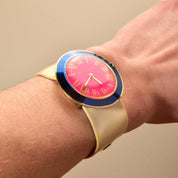 Mod 1967 Old England Pink Blue & Beige Ladies Watch, Adjustable Vinyl Band, Working Condition