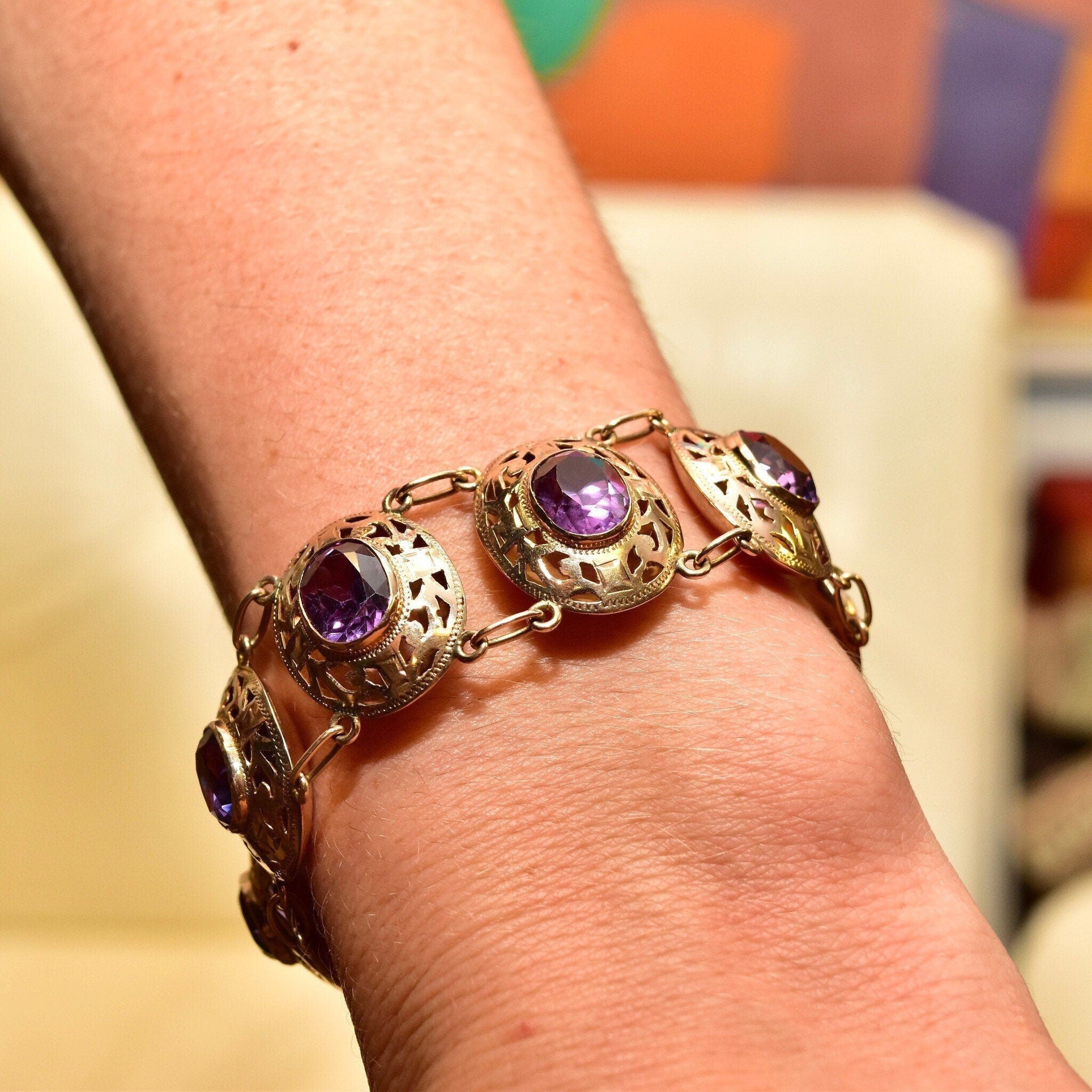 Art Deco 14K Gold Alexandrite Link Bracelet, Ornate Puffed Bezel Cup Links, Color-Changing Gemstones, Wide Link Bracelet, 6 1/2" L