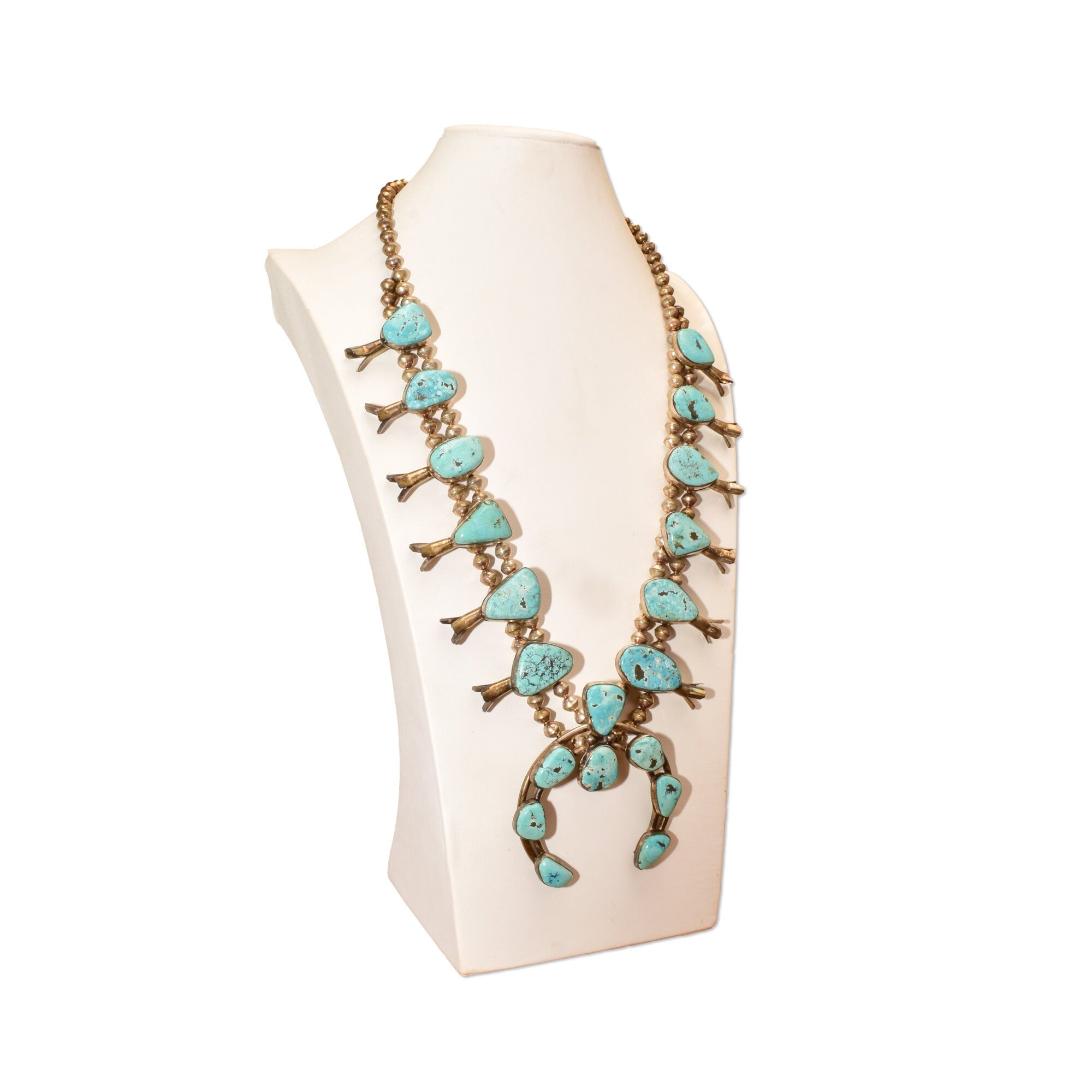 Signed Tony Garcia Native American Turquoise Squash Blossom Necklace, Navajo Pearls, Old Pawn Jewelry, 28 1/2" L