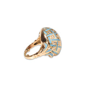 Estate 14K Enamel Diamond Cluster Dome Ring, Baby Blue Gingham Pattern Bombe Ring, Van Cleef Style, 3 1/2-5 US