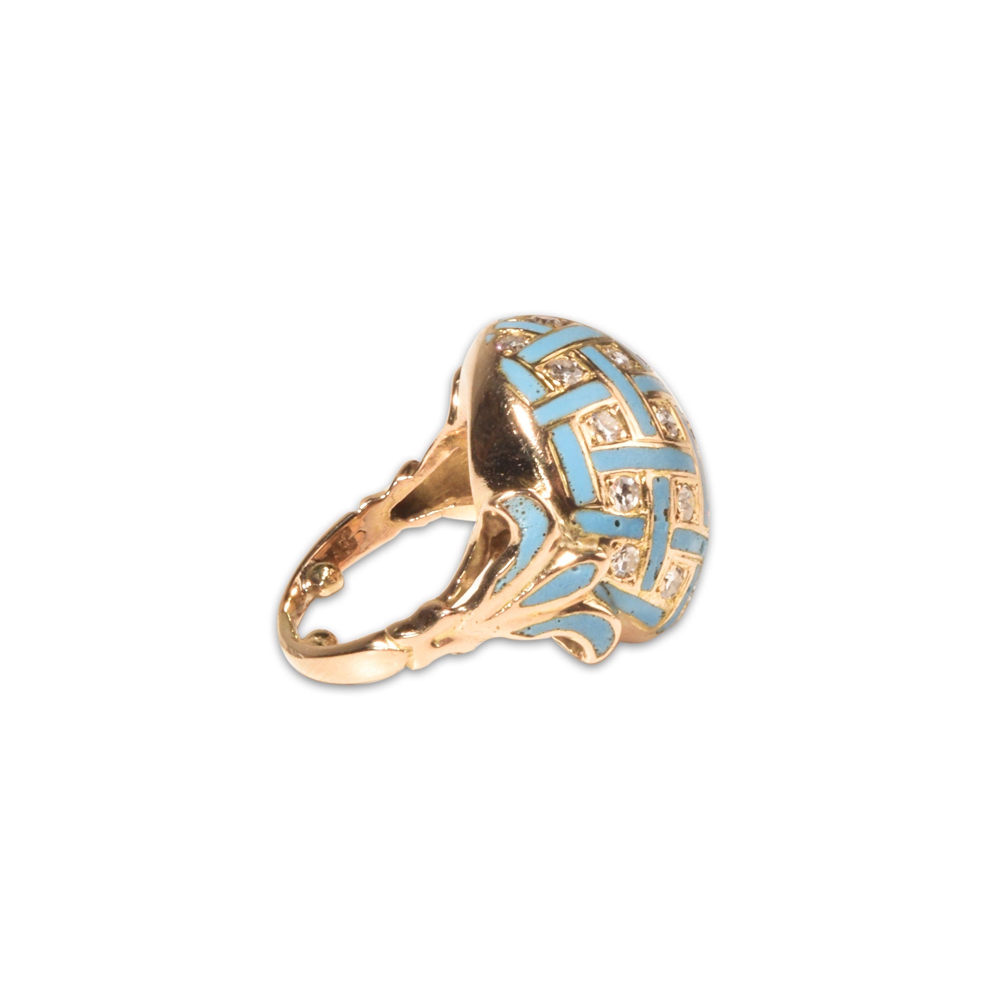 Estate 14K Enamel Diamond Cluster Dome Ring, Baby Blue Gingham Pattern Bombe Ring, Van Cleef Style, 3 1/2-5 US