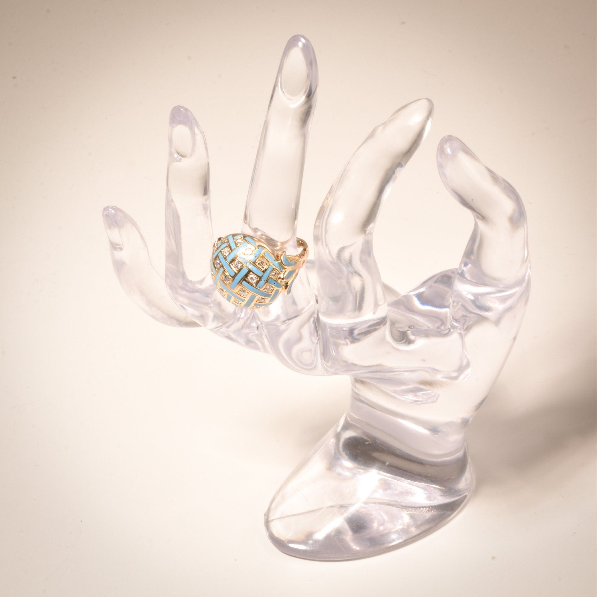 Estate 14K Enamel Diamond Cluster Dome Ring, Baby Blue Gingham Pattern Bombe Ring, Van Cleef Style, 3 1/2-5 US