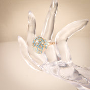 Estate 14K Enamel Diamond Cluster Dome Ring, Baby Blue Gingham Pattern Bombe Ring, Van Cleef Style, 3 1/2-5 US