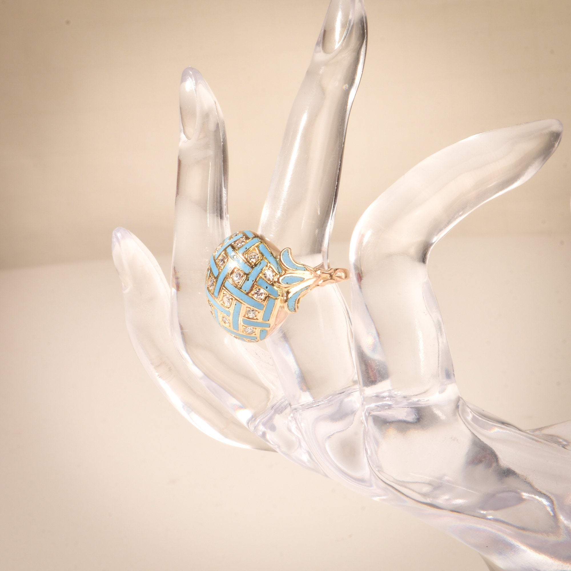Estate 14K Enamel Diamond Cluster Dome Ring, Baby Blue Gingham Pattern Bombe Ring, Van Cleef Style, 3 1/2-5 US