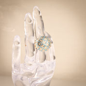 Estate 14K Enamel Diamond Cluster Dome Ring, Baby Blue Gingham Pattern Bombe Ring, Van Cleef Style, 3 1/2-5 US