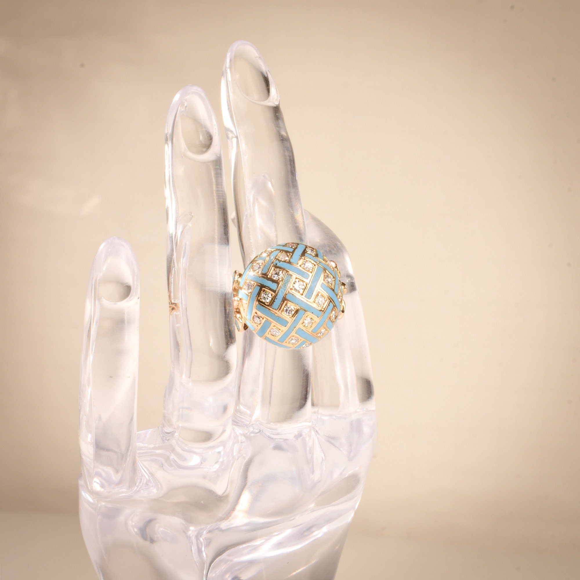 Estate 14K Enamel Diamond Cluster Dome Ring, Baby Blue Gingham Pattern Bombe Ring, Van Cleef Style, 3 1/2-5 US