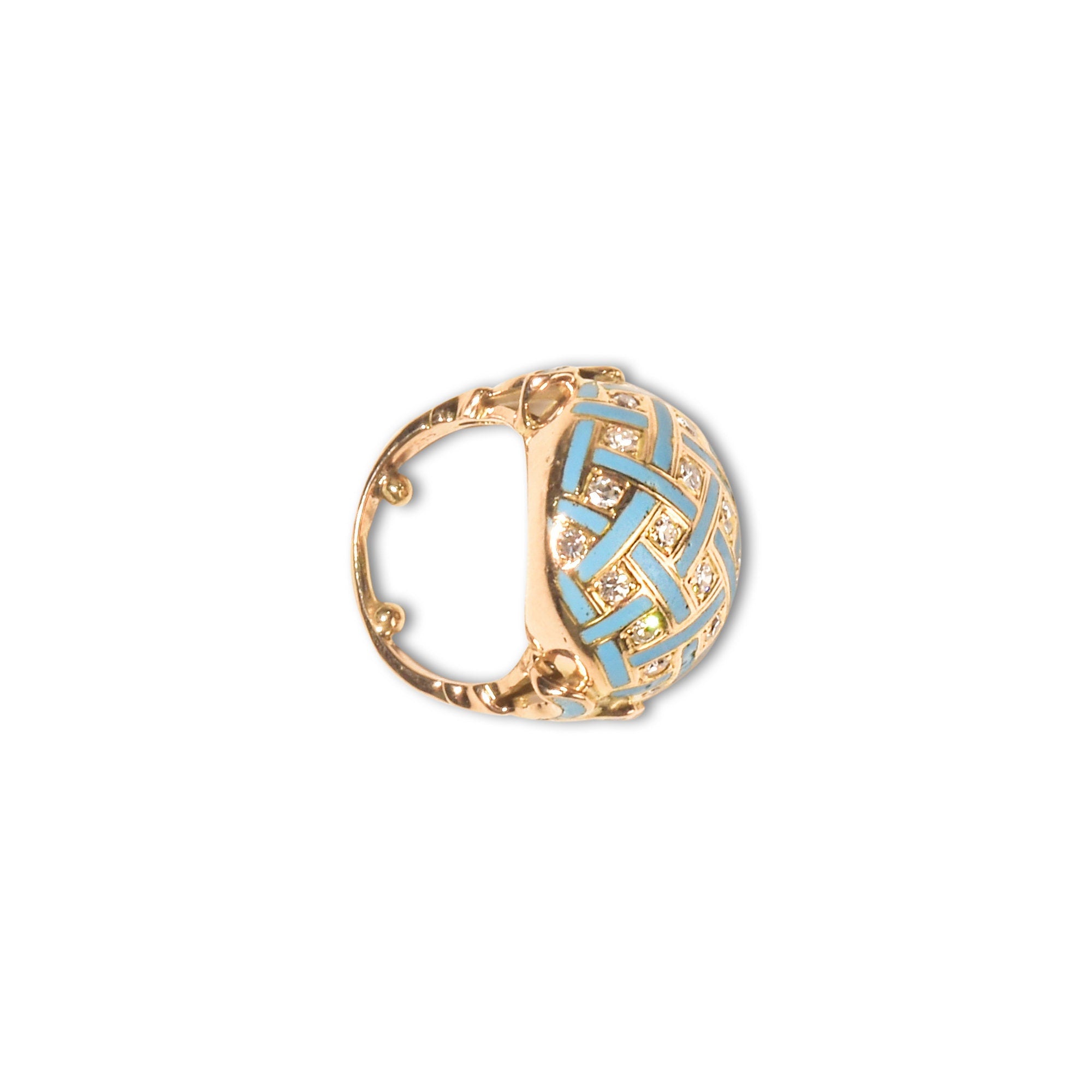 Estate 14K Enamel Diamond Cluster Dome Ring, Baby Blue Gingham Pattern Bombe Ring, Van Cleef Style, 3 1/2-5 US