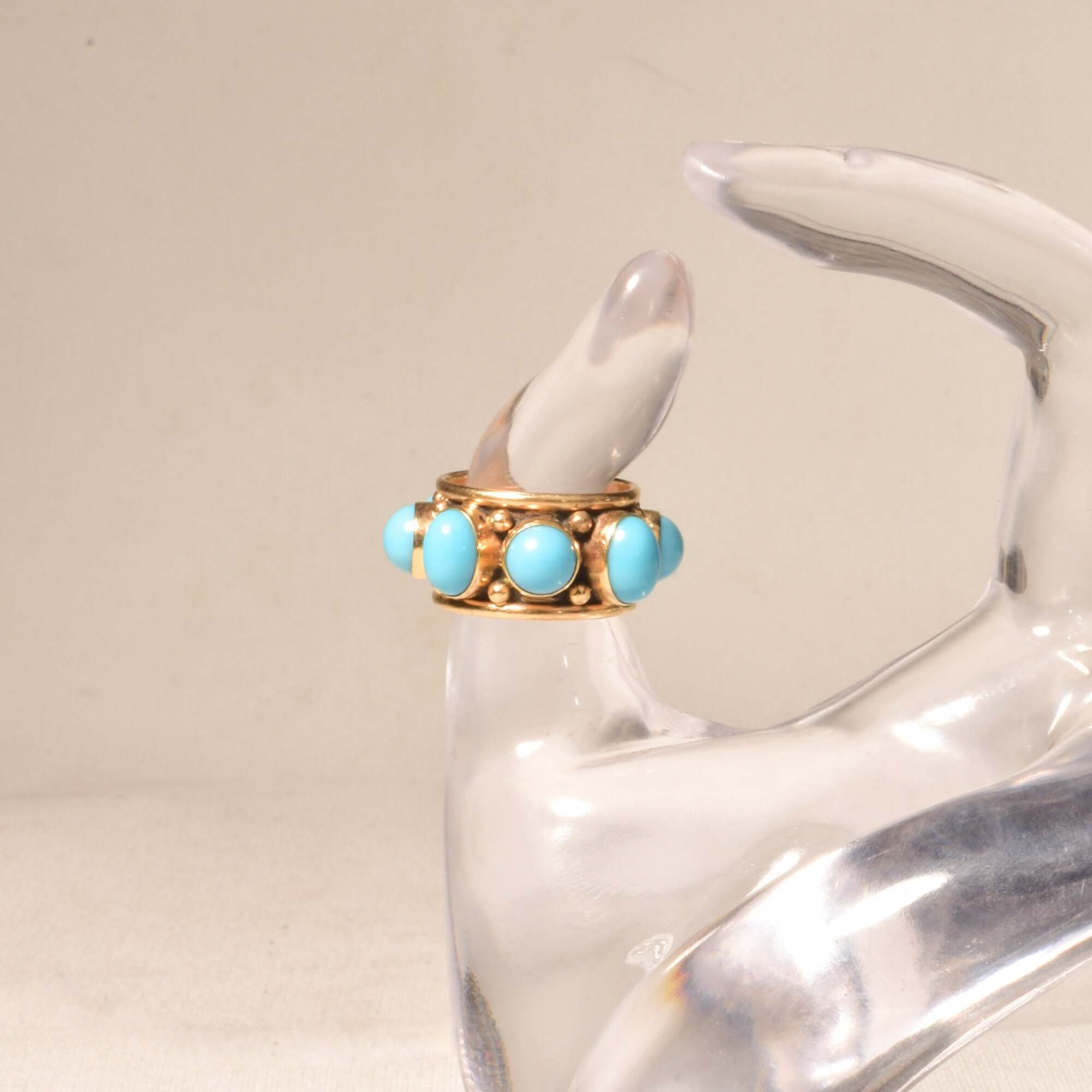 Etruscan-Style 14K Turquoise Cabochon Cigar Band Ring