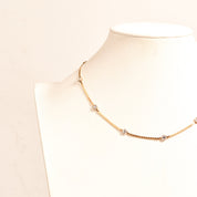 CZ Diamond Station Necklace In 14K Yellow Gold, Bezel Strand Serpentine Chain, Estate Jewelry, 16 1/2" L