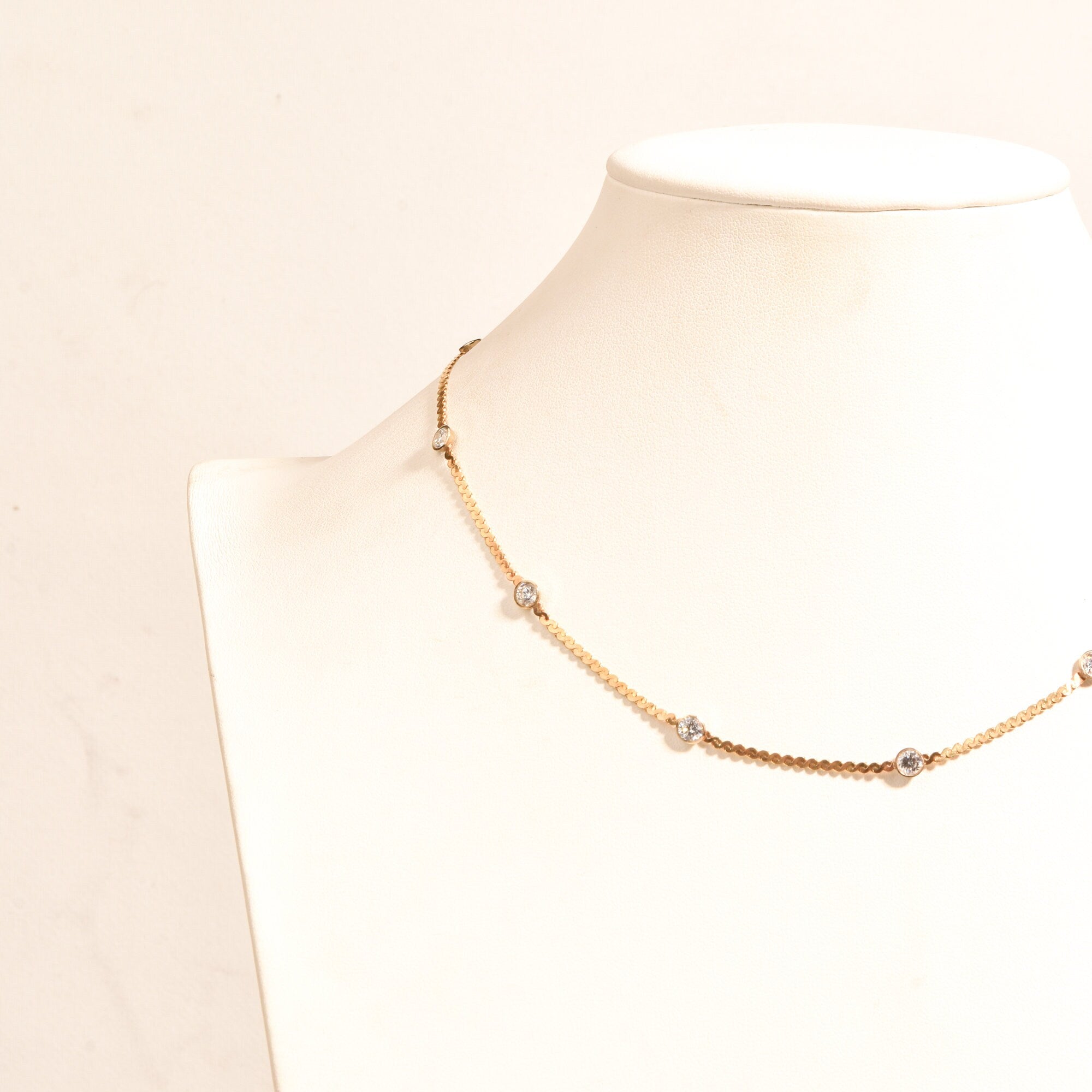 CZ Diamond Station Necklace In 14K Yellow Gold, Bezel Strand Serpentine Chain, Estate Jewelry, 16 1/2" L