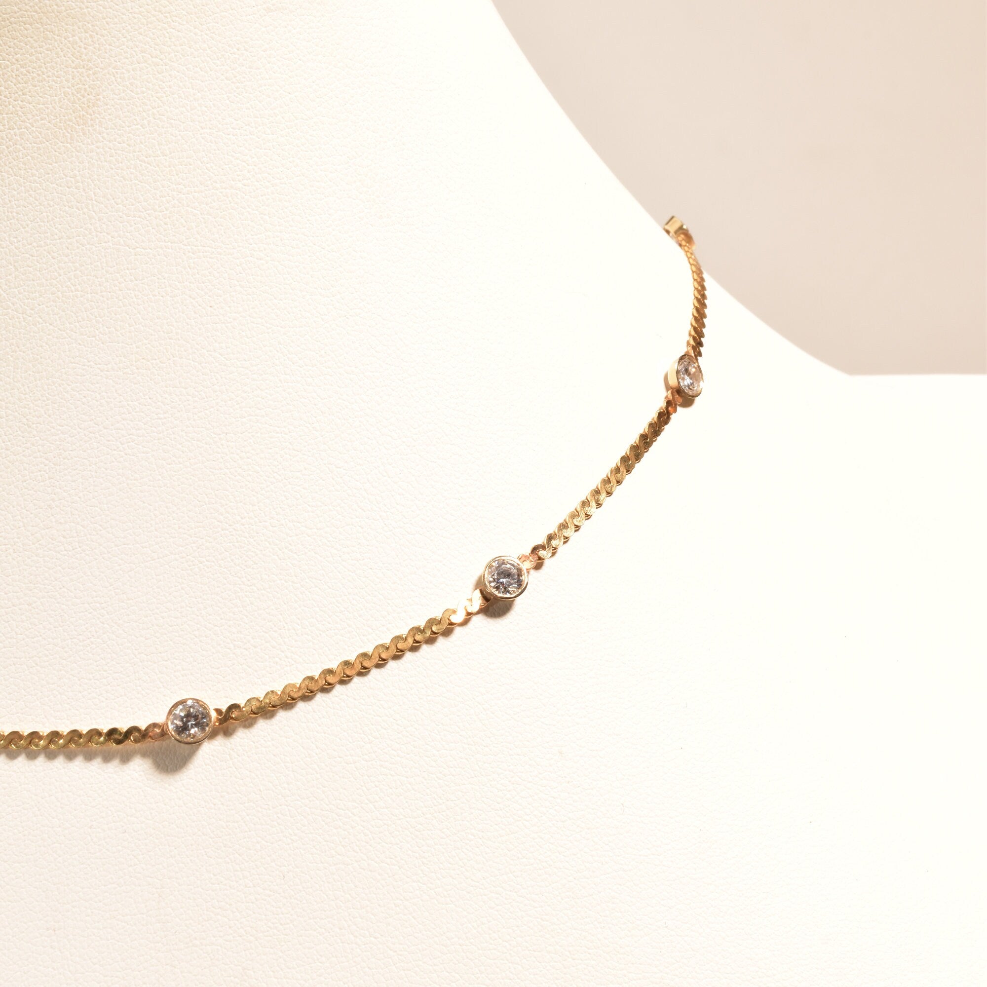 CZ Diamond Station Necklace In 14K Yellow Gold, Bezel Strand Serpentine Chain, Estate Jewelry, 16 1/2" L