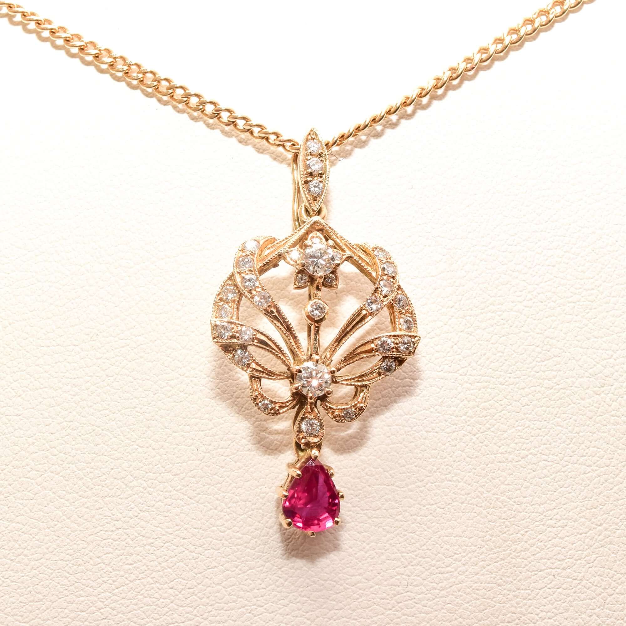 Diamond Cluster Ruby Lavaliere Pendant Necklace In 14K Yellow Gold, .60 TCW, Estate Jewelry, 27 3/4" L - Good's Vintage