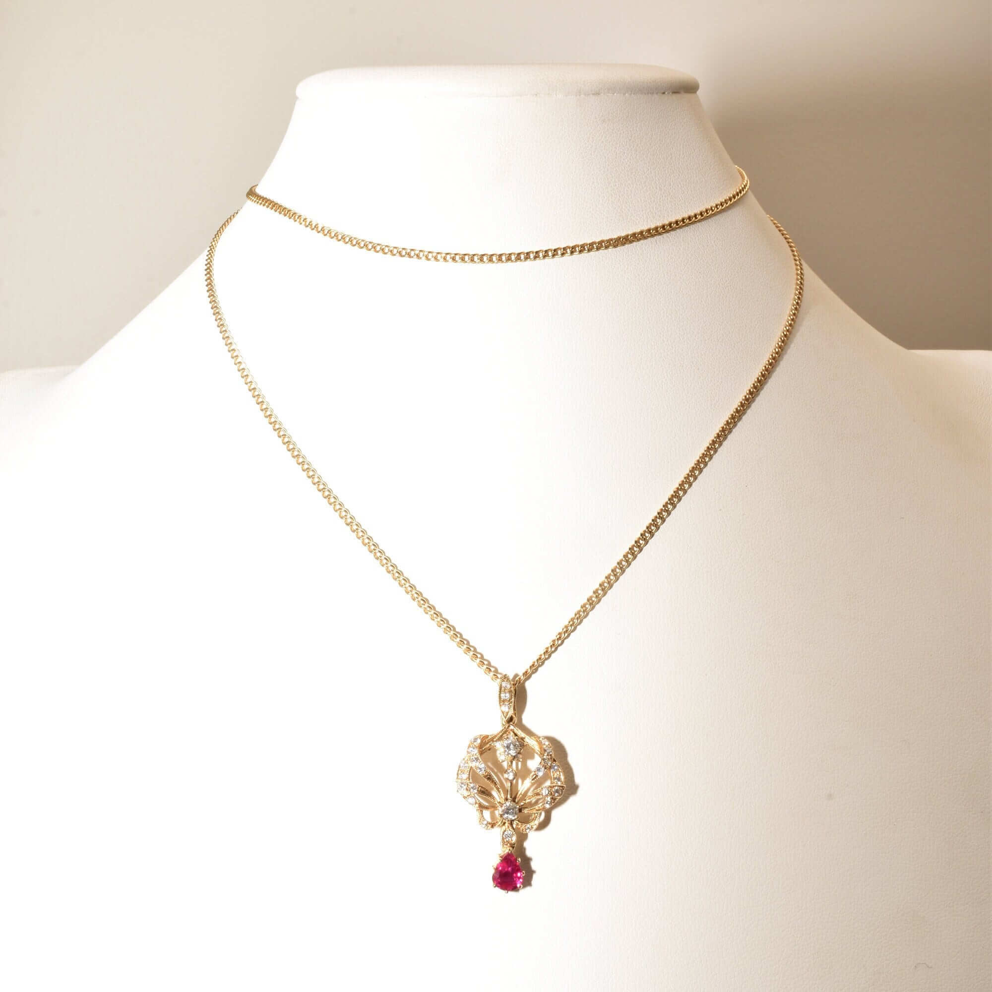 Diamond Cluster Ruby Lavaliere Pendant Necklace In 14K Yellow Gold, .60 TCW, Estate Jewelry, 27 3/4" L - Good's Vintage