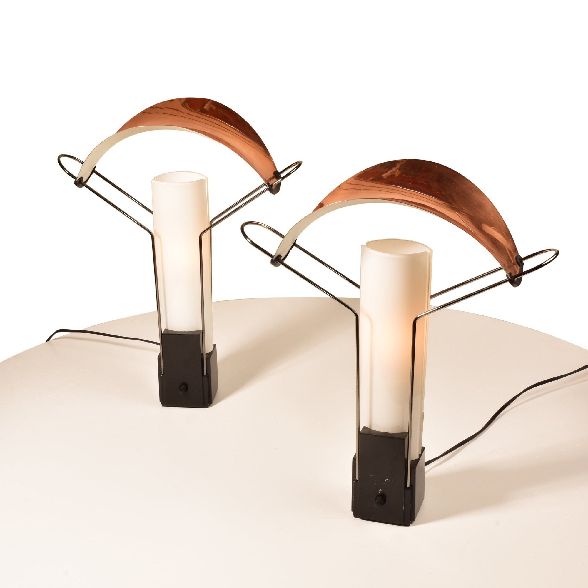 Original 1980's Arteluce "Palio" Dimmer Table Desk Lamp Pair Set, Copper Shade, Made in Italy, Working, 16" H - Good's Vintage