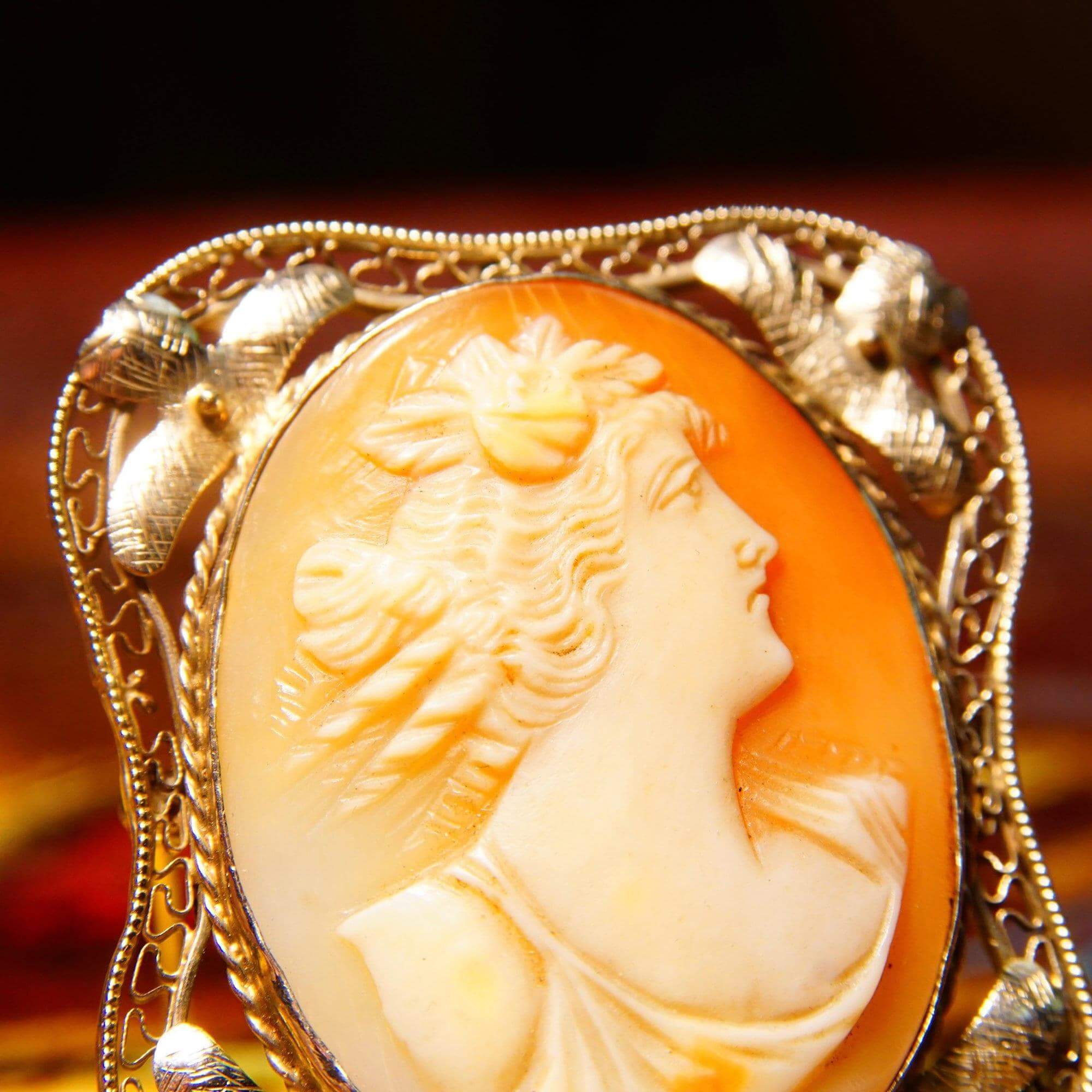 Antique 14K White Gold Filigree Cameo Brooch Pendant, Classic Relief Shell Carving, Hinged Necklace Loop, 1 5/8" - Good's Vintage
