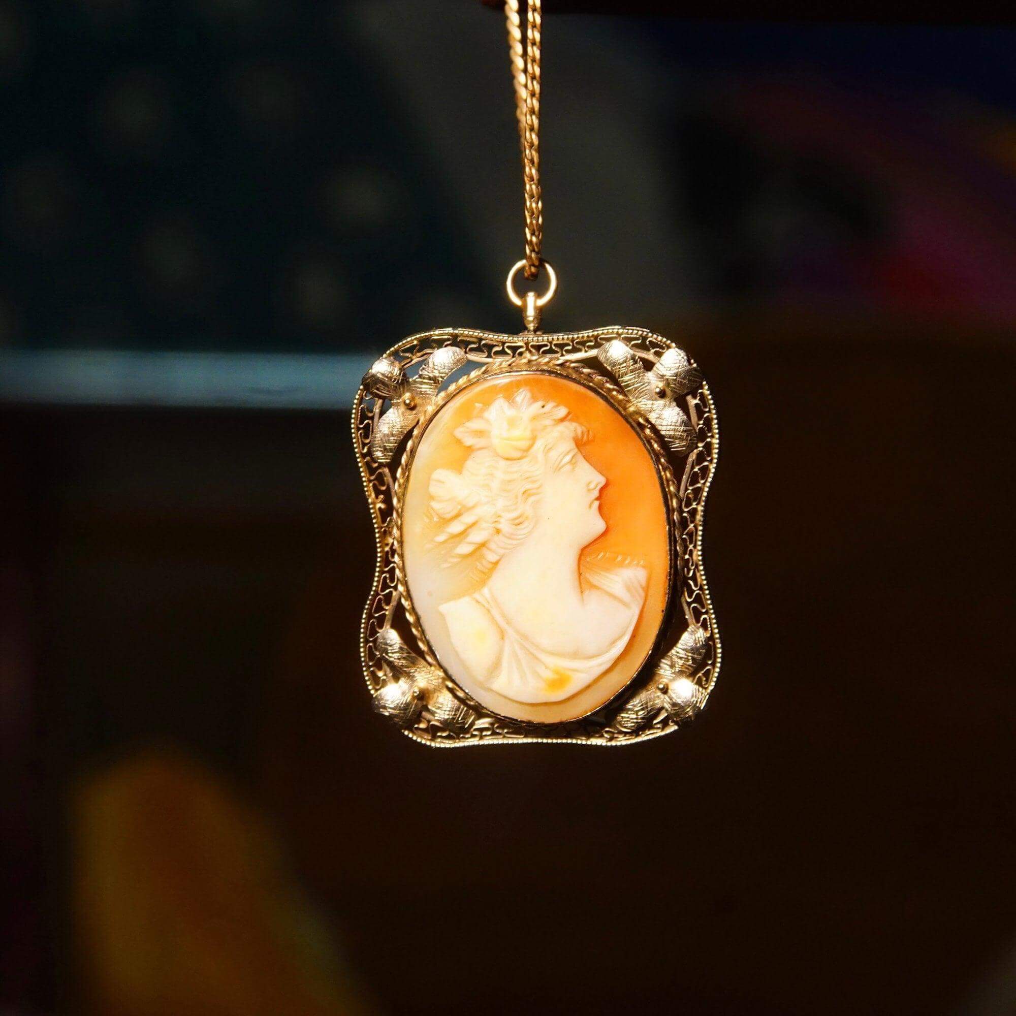 Antique 14K White Gold Filigree Cameo Brooch Pendant, Classic Relief Shell Carving, Hinged Necklace Loop, 1 5/8" - Good's Vintage