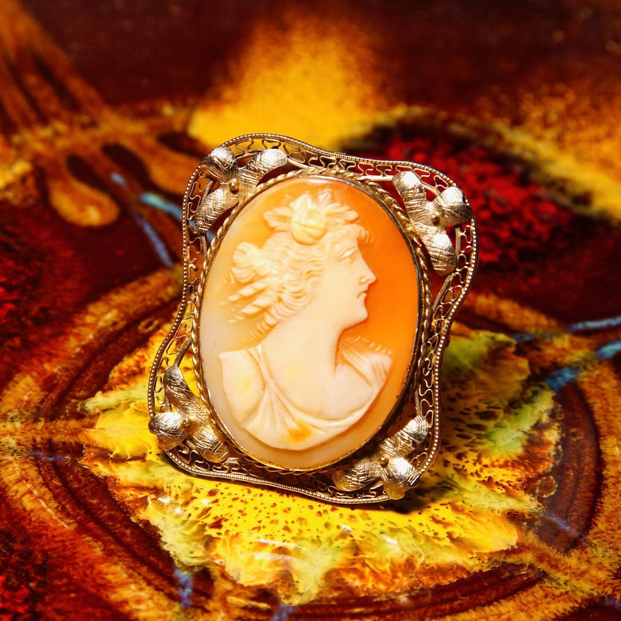 Antique 14K White Gold Filigree Cameo Brooch Pendant, Classic Relief Shell Carving, Hinged Necklace Loop, 1 5/8" - Good's Vintage