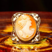Antique 14K White Gold Filigree Cameo Brooch Pendant, Classic Relief Shell Carving, Hinged Necklace Loop, 1 5/8" - Good's Vintage
