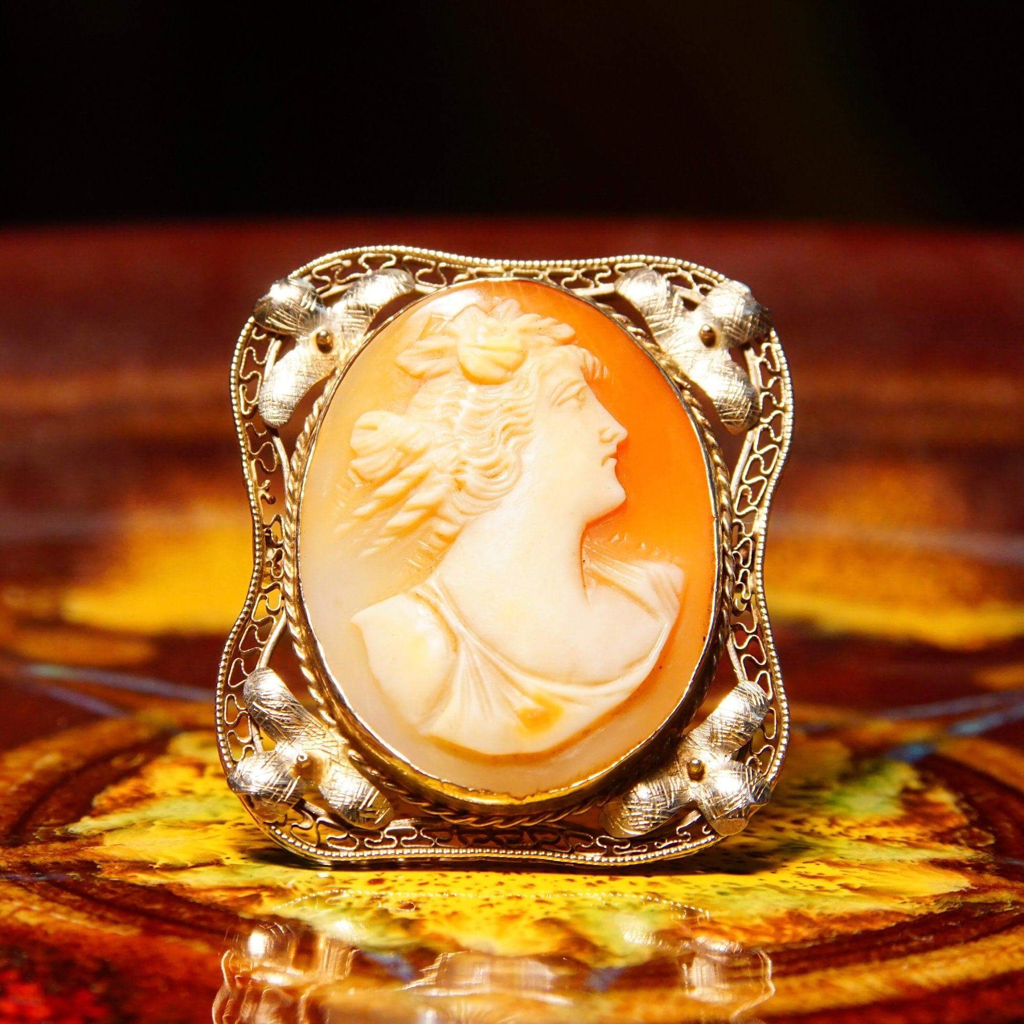 Antique 14K White Gold Filigree Cameo Brooch Pendant, Classic Relief Shell Carving, Hinged Necklace Loop, 1 5/8" - Good's Vintage