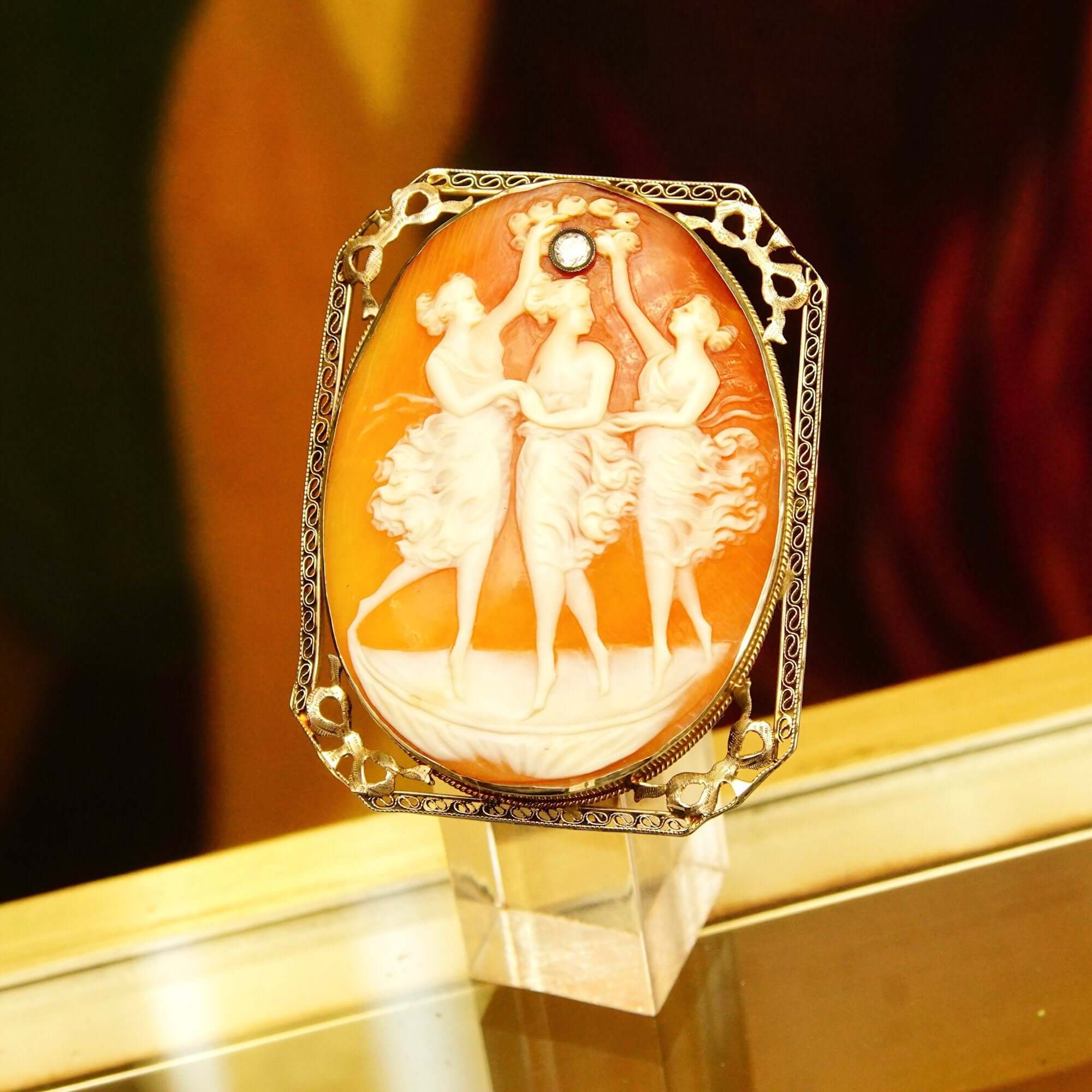 Antique 14K Filigree OEC Diamond Cameo Brooch/Pendant, Three Ladies Scene, Classic Relief Shell Carving, 53mm - Good's Vintage