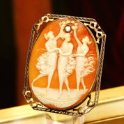 Antique 14K Filigree OEC Diamond Cameo Brooch/Pendant, Three Ladies Scene, Classic Relief Shell Carving, 53mm - Good's Vintage