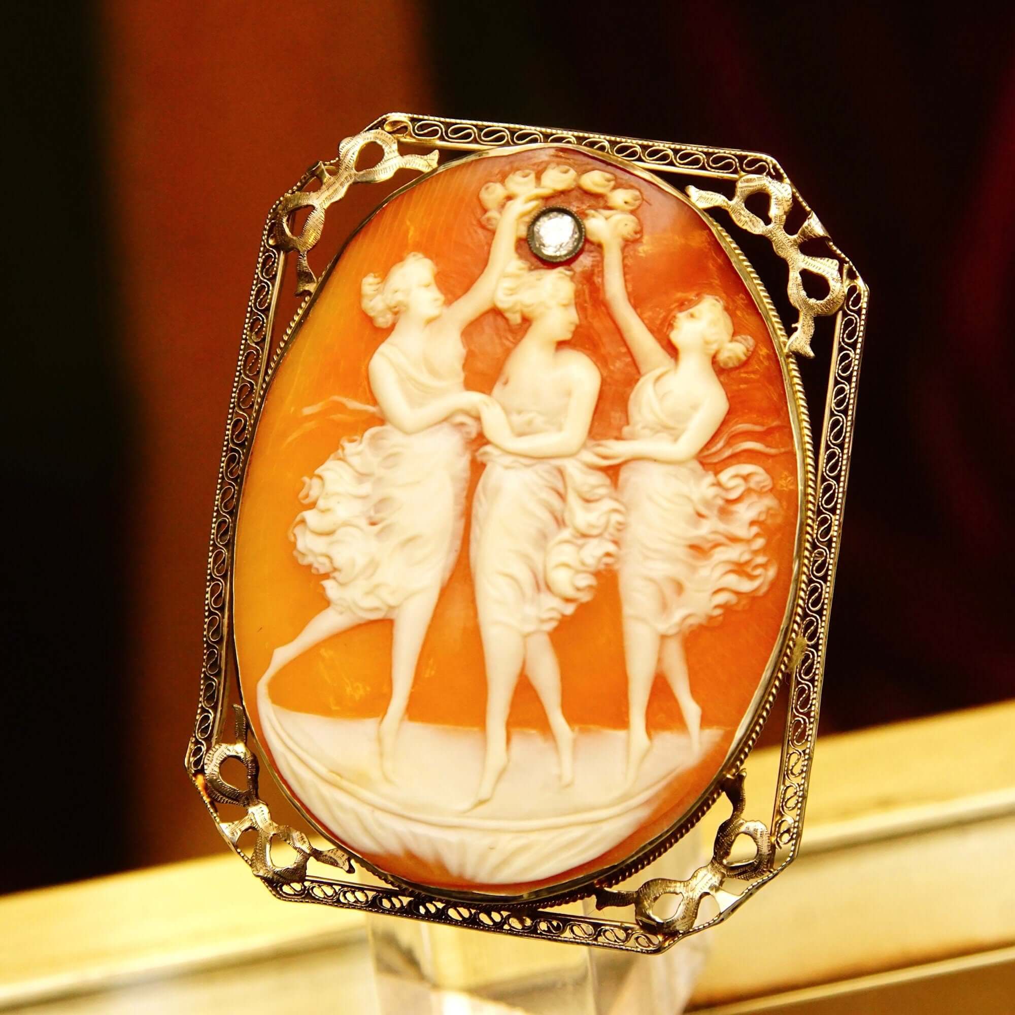 Antique 14K Filigree OEC Diamond Cameo Brooch/Pendant, Three Ladies Scene, Classic Relief Shell Carving, 53mm - Good's Vintage
