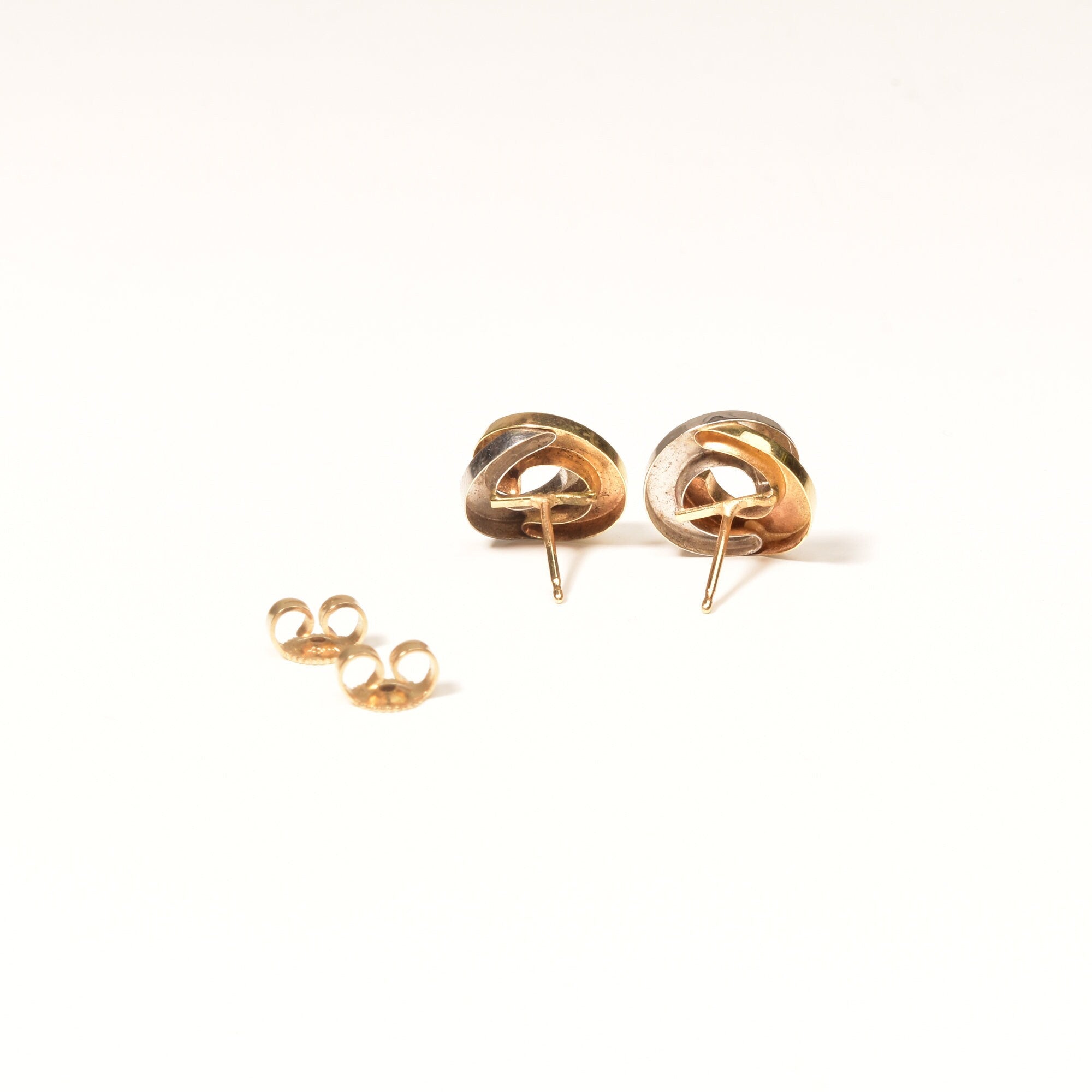 Modernist 14K Two-Tone Gold Swirl Button Studs, Small Circle Stud Earrings, Estate Jewelry, 12.5mm