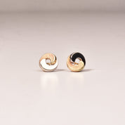 Modernist 14K Two-Tone Gold Swirl Button Studs, Small Circle Stud Earrings, Estate Jewelry, 12.5mm