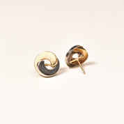 Modernist 14K Two-Tone Gold Swirl Button Studs, Small Circle Stud Earrings, Estate Jewelry, 12.5mm