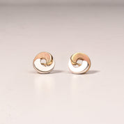 Modernist 14K Two-Tone Gold Swirl Button Studs, Small Circle Stud Earrings, Estate Jewelry, 12.5mm