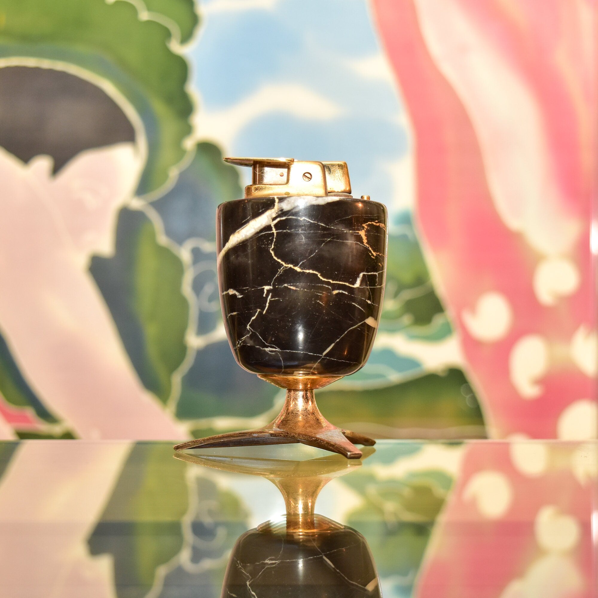 MCM Ronson England Marble Brass Tabletop Lighter, Varaflame Valiant, Vintage Cigarette Lighter, Working Condition
