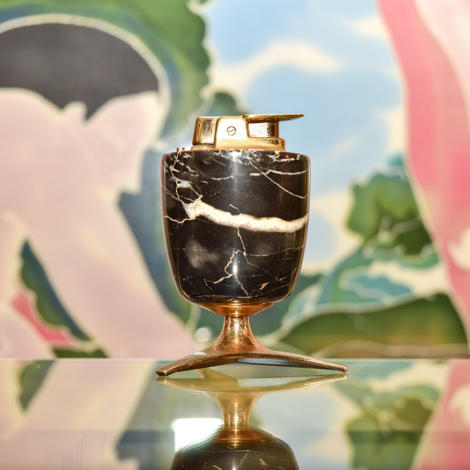 MCM Ronson England Marble Brass Tabletop Lighter, Varaflame Valiant, Vintage Cigarette Lighter, Working Condition