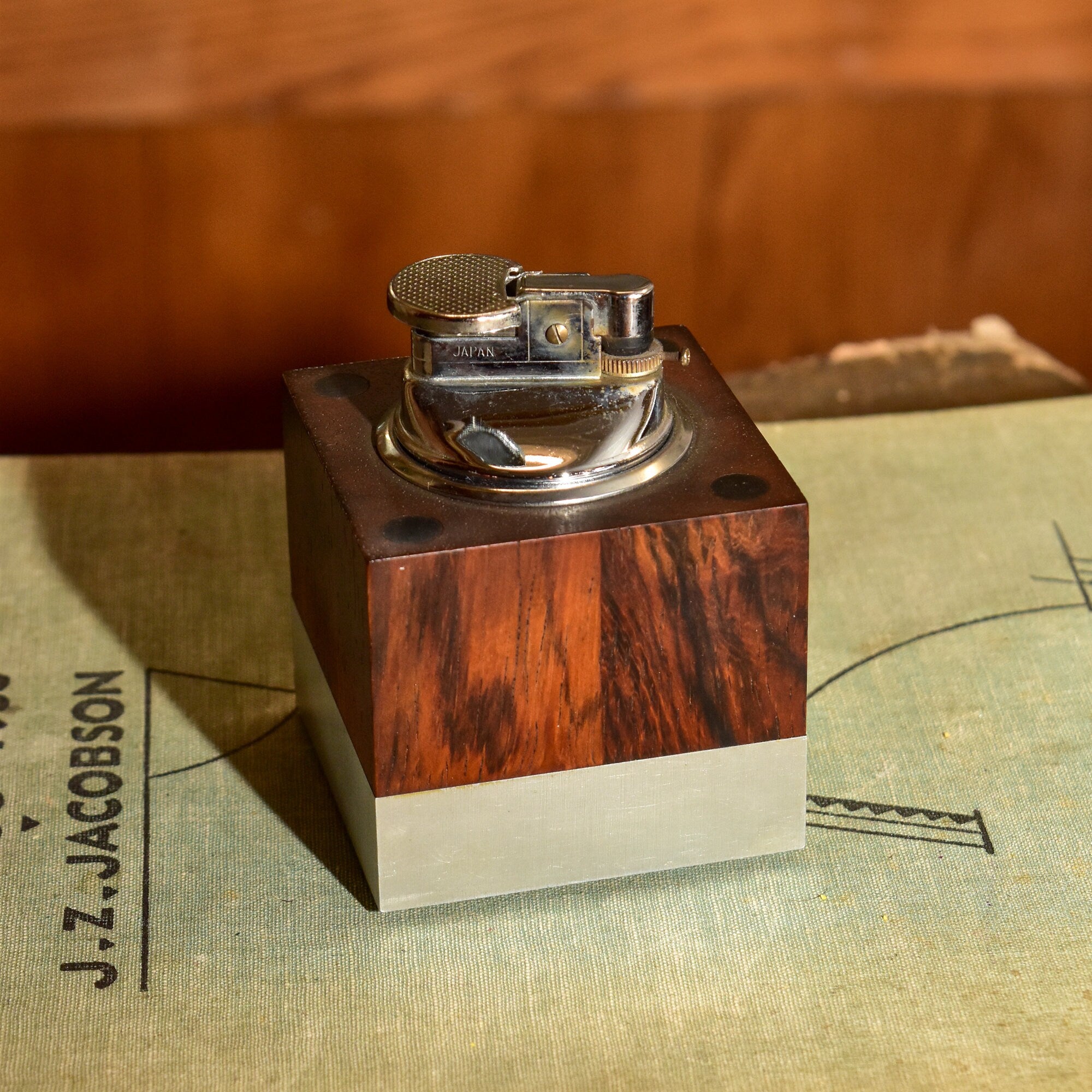 MCM Varaflame "Tivoli" Table Lighter by Ronson, Cube-Shaped Brazilian Rosewood & Brushed Aluminum Desktop Lighter