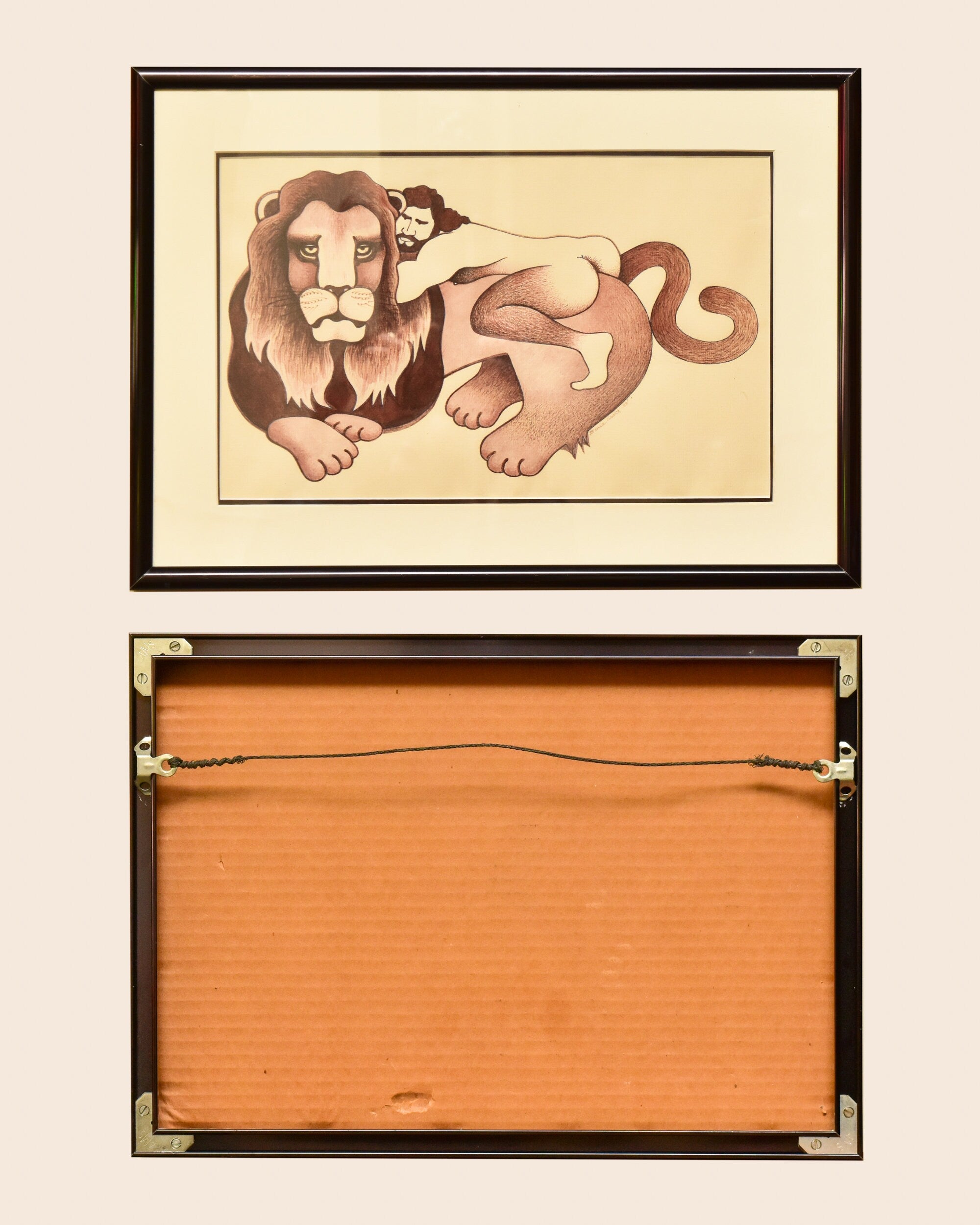 Framed 1988 Nude Man On Maned Lion Drawing/Painting, Unknown Artist, Vintage Erotica Wall Art, 16.75" X 12"