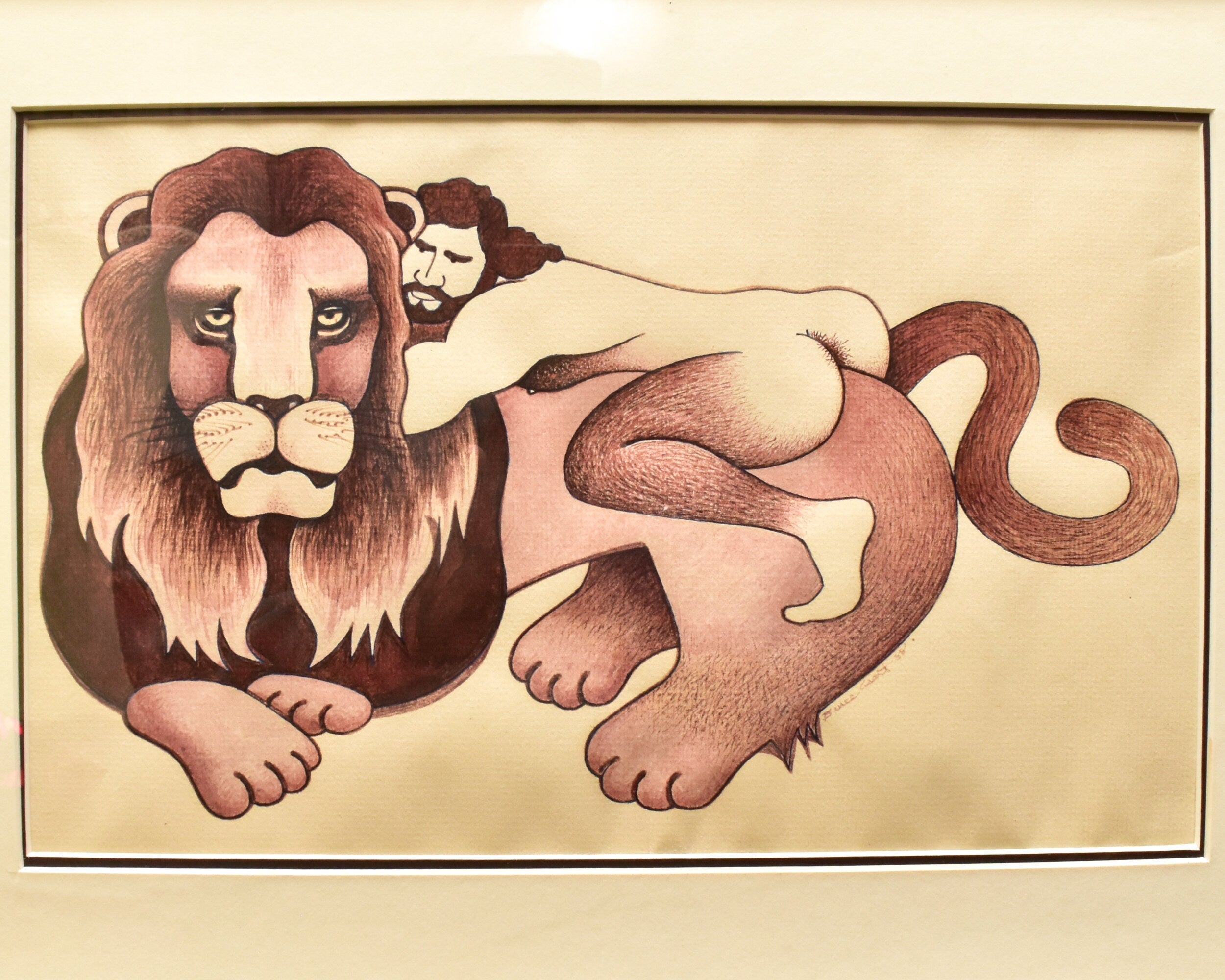 Framed 1988 Nude Man On Maned Lion Drawing/Painting, Unknown Artist, Vintage Erotica Wall Art, 16.75" X 12"