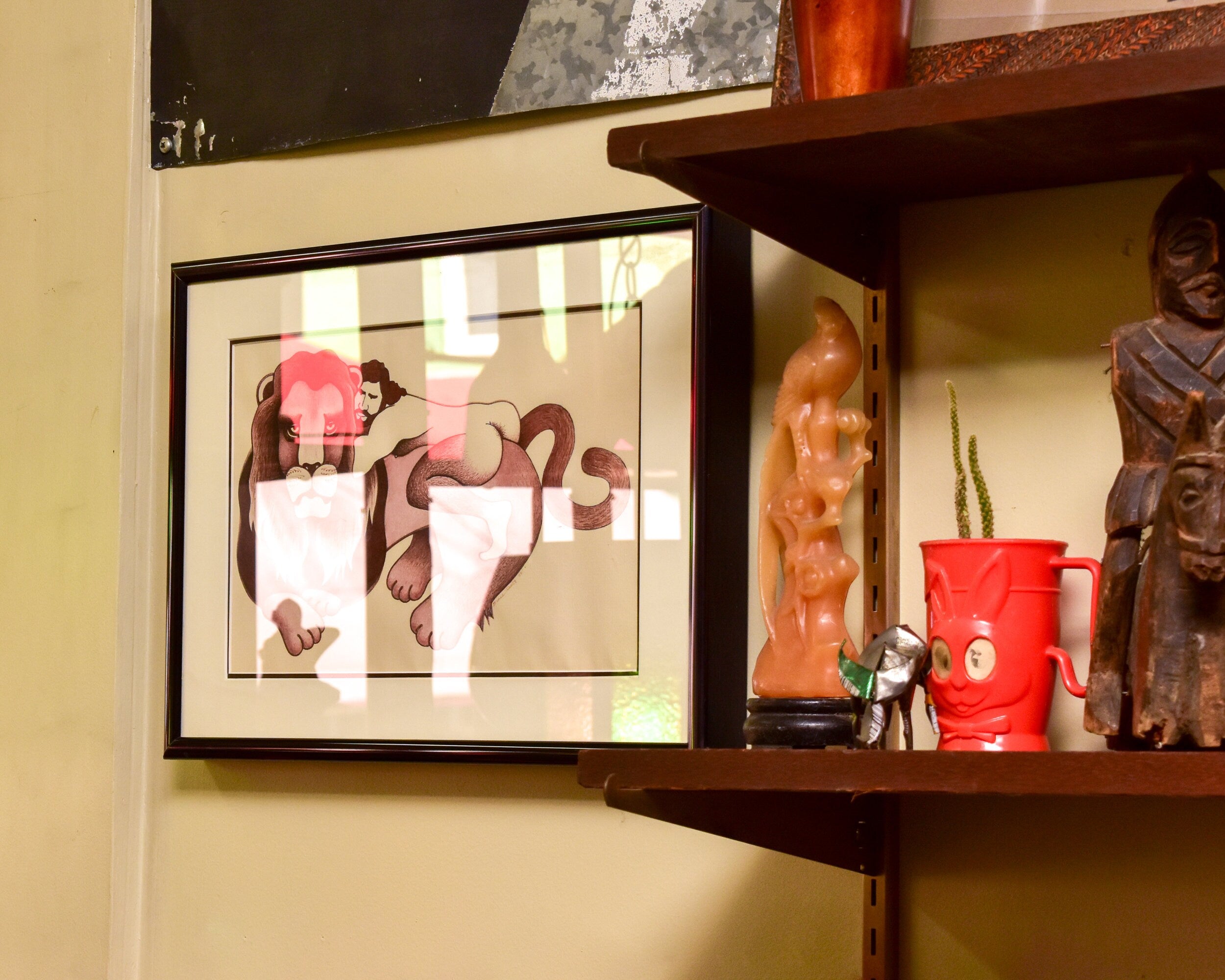 Framed 1988 Nude Man On Maned Lion Drawing/Painting, Unknown Artist, Vintage Erotica Wall Art, 16.75" X 12"