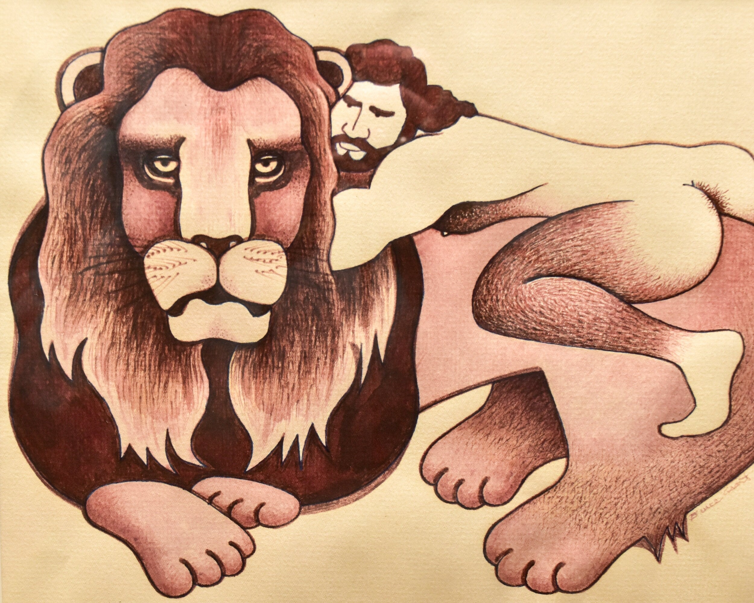 Framed 1988 Nude Man On Maned Lion Drawing/Painting, Unknown Artist, Vintage Erotica Wall Art, 16.75" X 12"