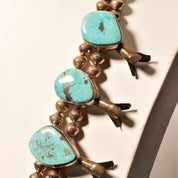 Signed Tony Garcia Native American Turquoise Squash Blossom Necklace, Navajo Pearls, Old Pawn Jewelry, 28 1/2" L