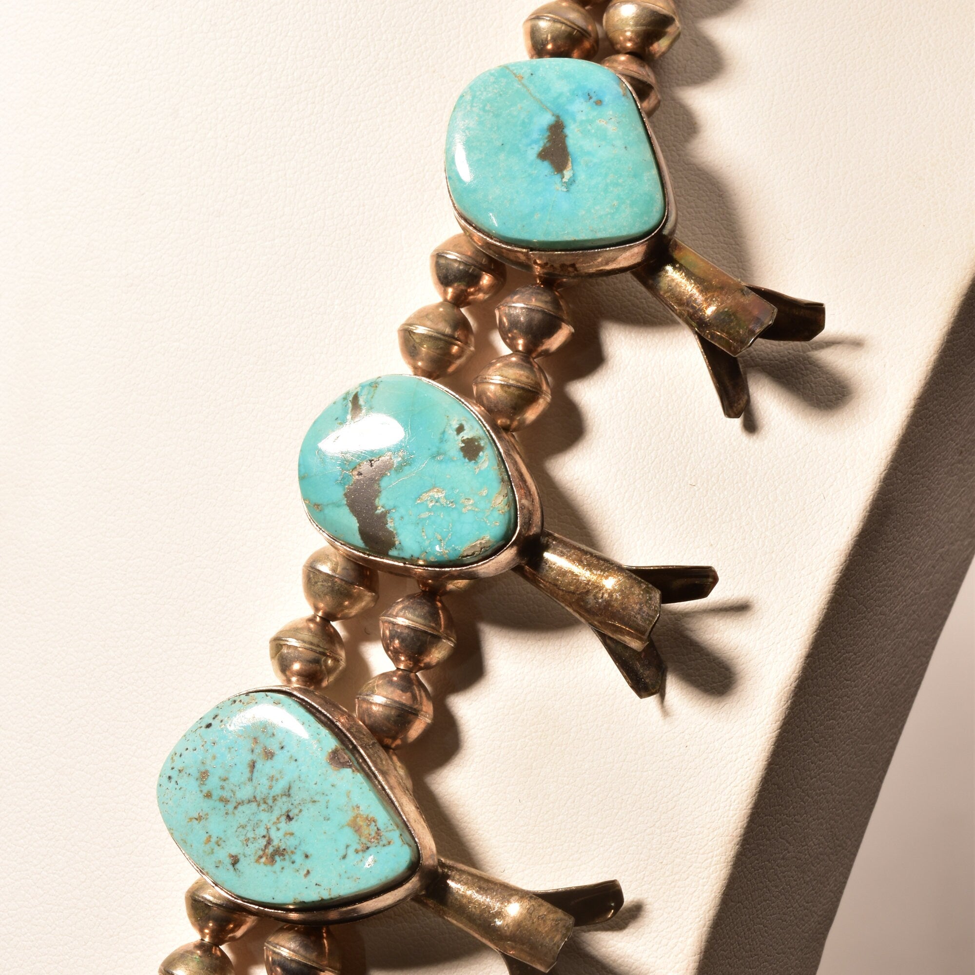 Signed Tony Garcia Native American Turquoise Squash Blossom Necklace, Navajo Pearls, Old Pawn Jewelry, 28 1/2" L