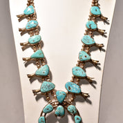 Signed Tony Garcia Native American Turquoise Squash Blossom Necklace, Navajo Pearls, Old Pawn Jewelry, 28 1/2" L