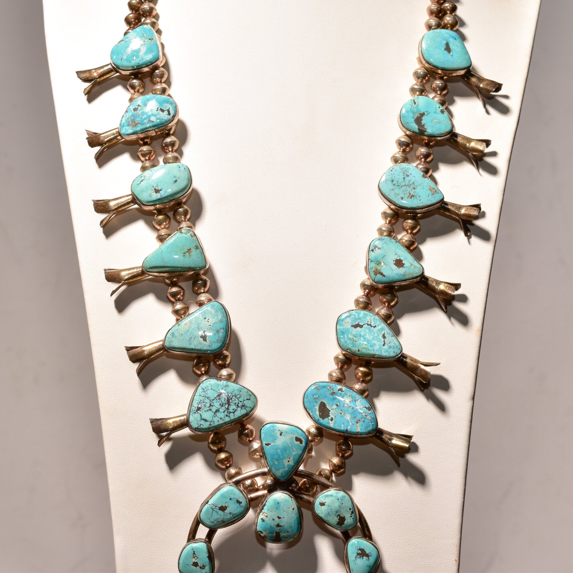 Signed Tony Garcia Native American Turquoise Squash Blossom Necklace, Navajo Pearls, Old Pawn Jewelry, 28 1/2" L