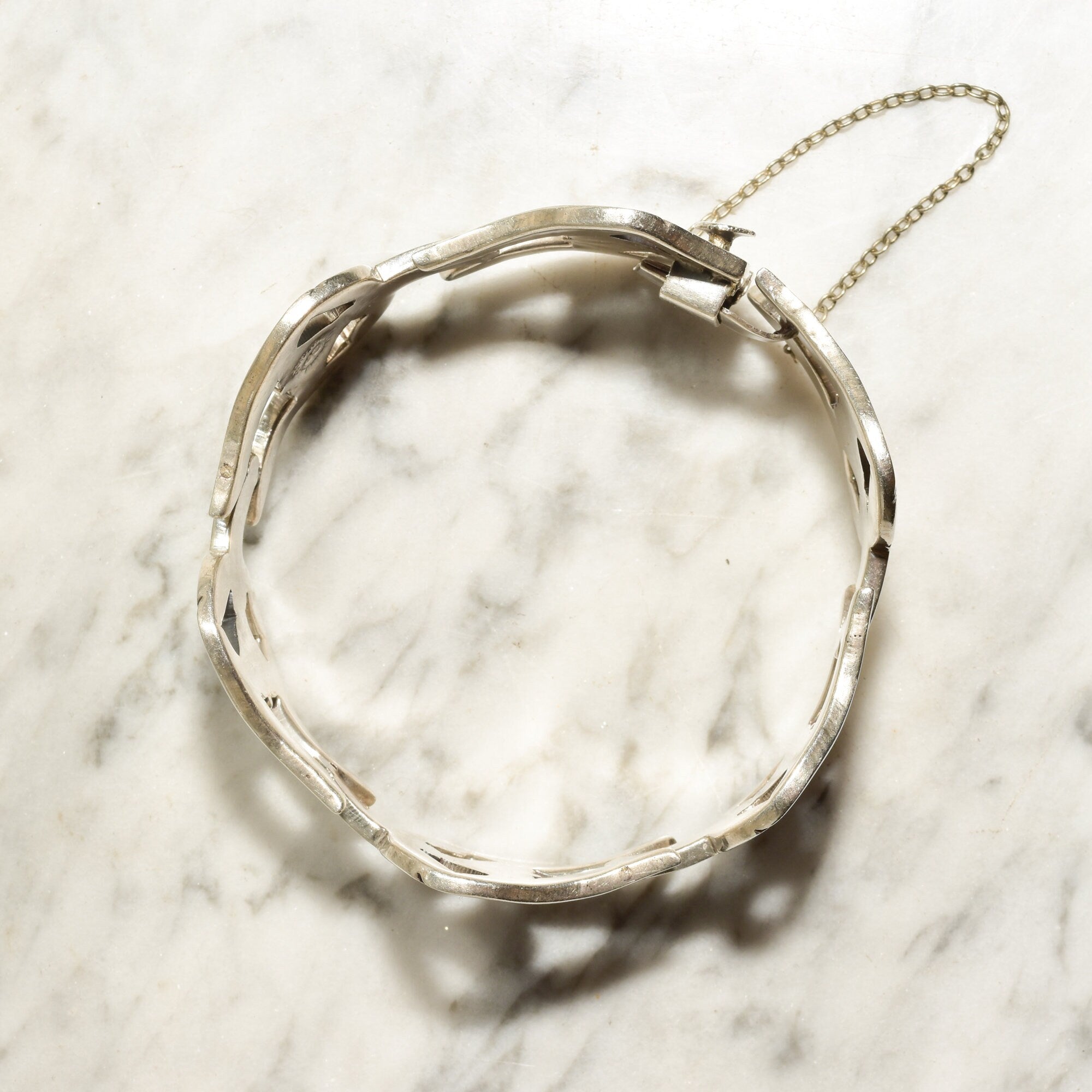 Modernist TAXCO Sterling Silver Link Bracelet By Pedro Castillo, Abstract 925 Flower Link Cuff, 7" L
