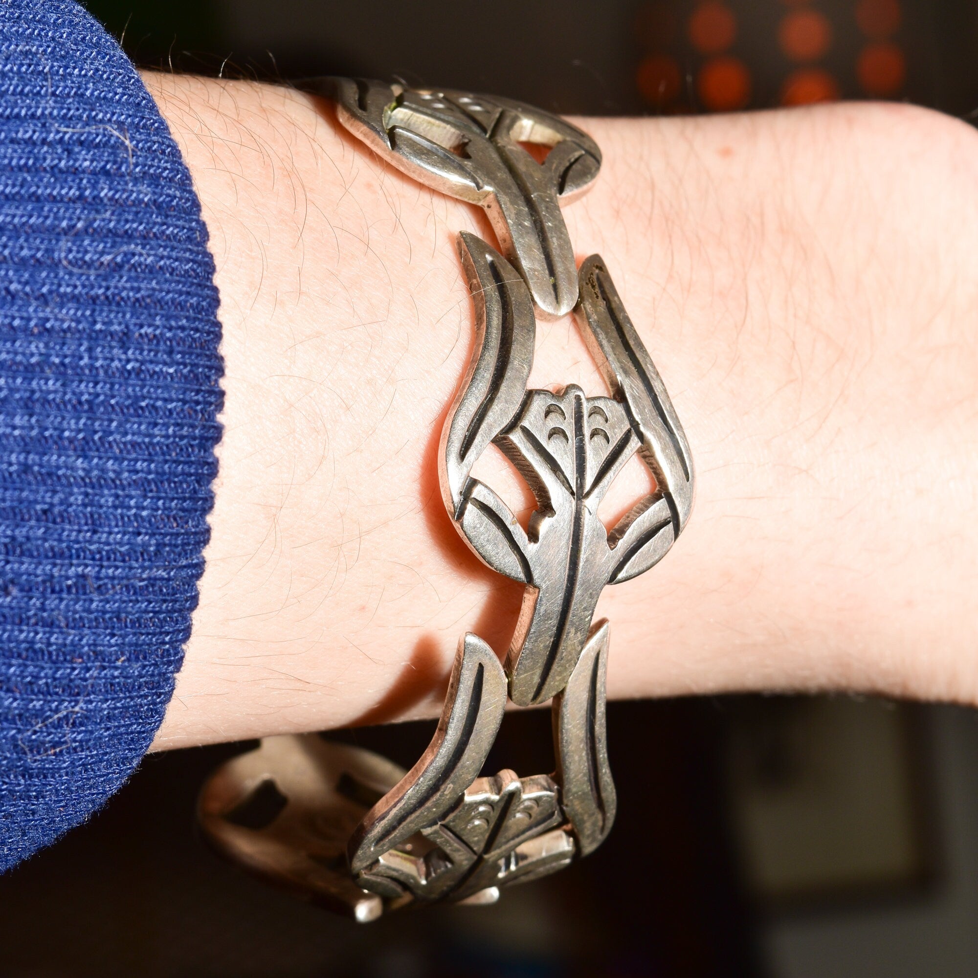 Modernist TAXCO Sterling Silver Link Bracelet By Pedro Castillo, Abstract 925 Flower Link Cuff, 7" L