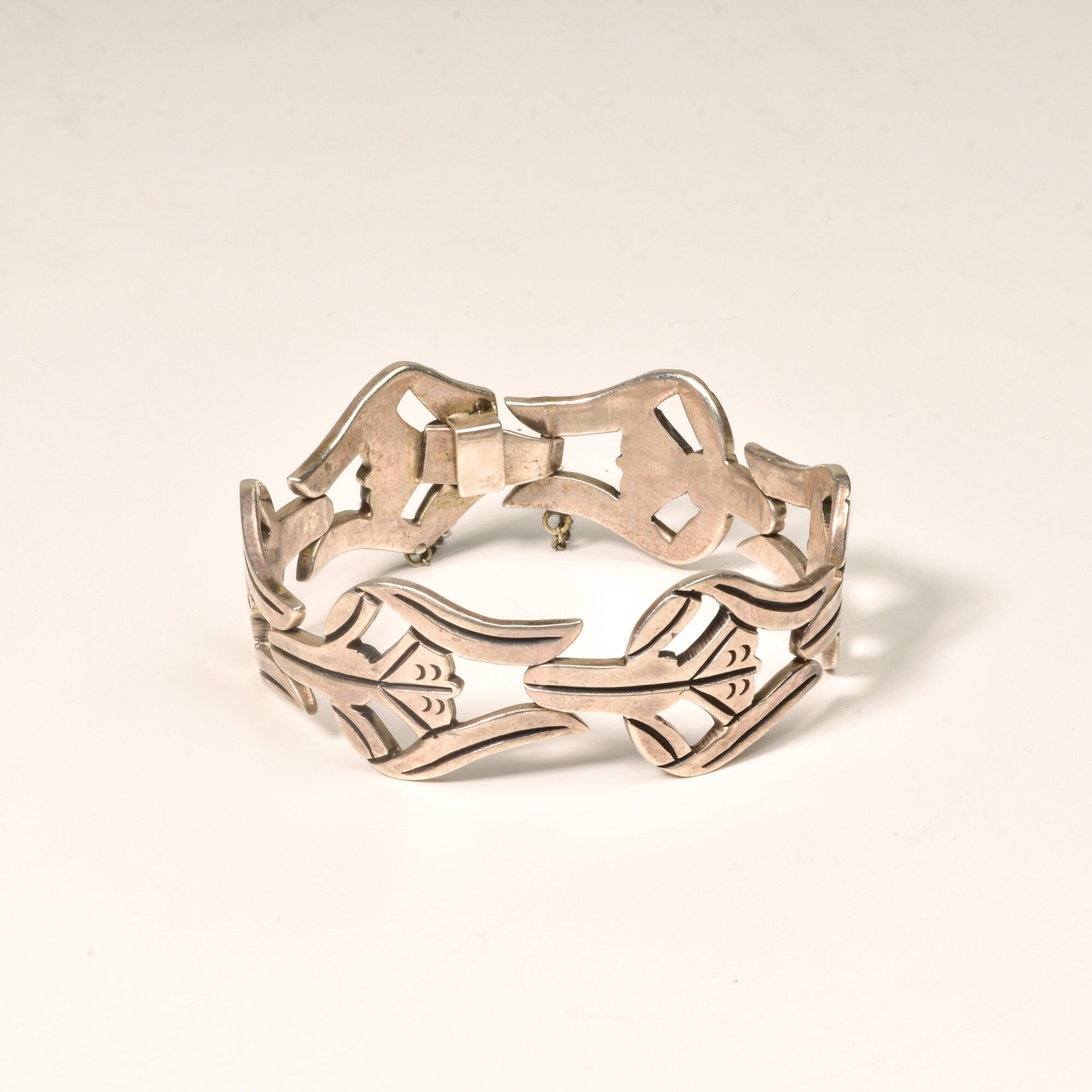 Modernist TAXCO Sterling Silver Link Bracelet By Pedro Castillo, Abstract 925 Flower Link Cuff, 7" L
