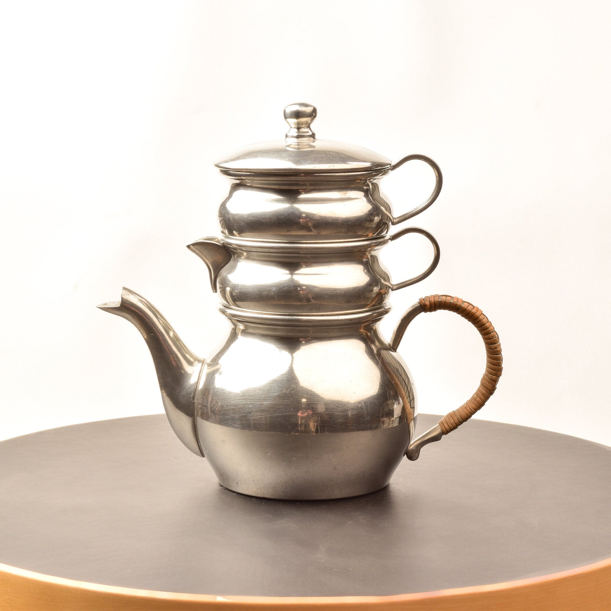 Queen Art Pewter Brooklyn Stacked Teapot Set #161, Single Service Teapot Creamer Sugar Bowl, Reed Handle, 6.6" H