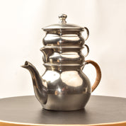 Queen Art Pewter Brooklyn Stacked Teapot Set #161, Single Service Teapot Creamer Sugar Bowl, Reed Handle, 6.6" H
