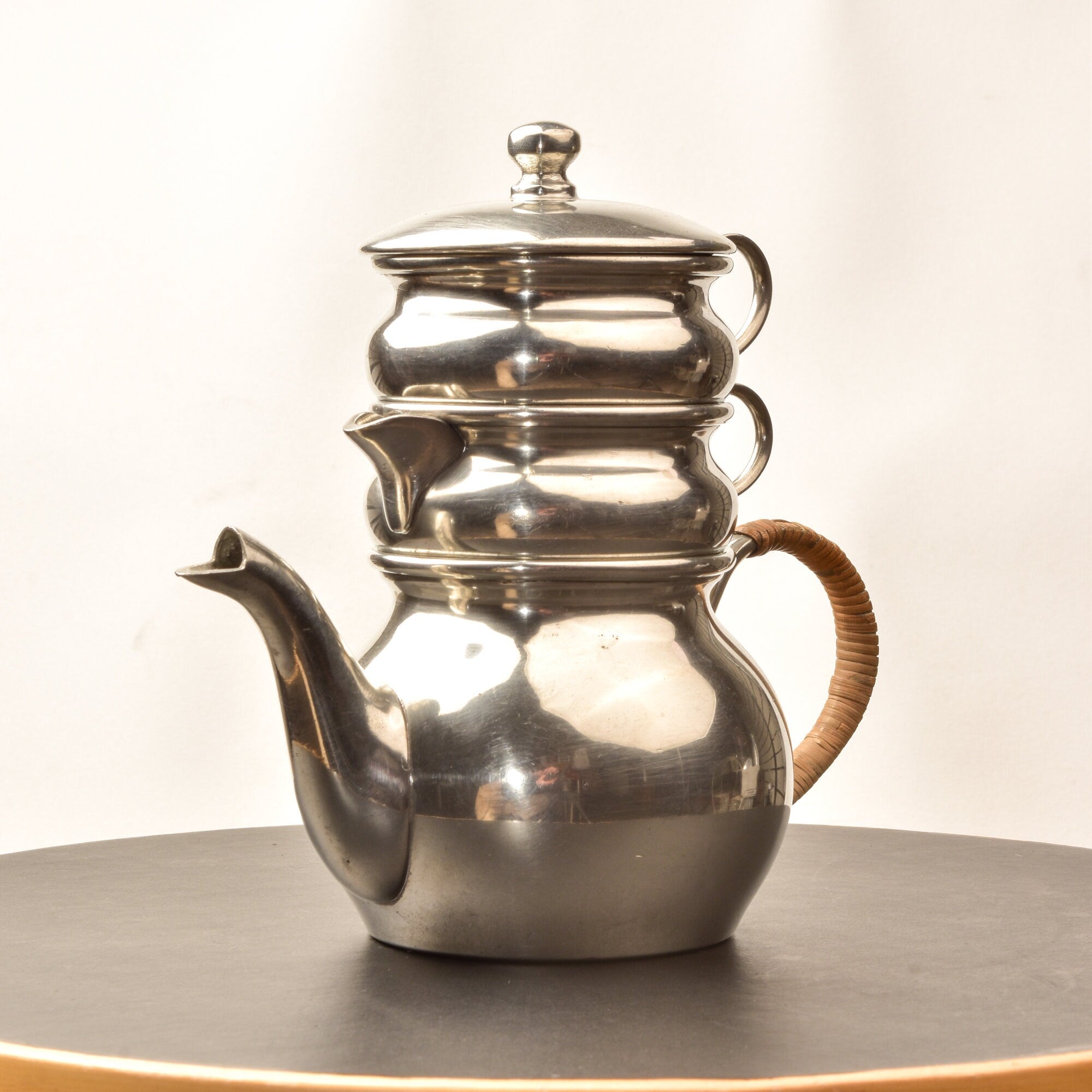 Queen Art Pewter Brooklyn Stacked Teapot Set #161, Single Service Teapot Creamer Sugar Bowl, Reed Handle, 6.6" H