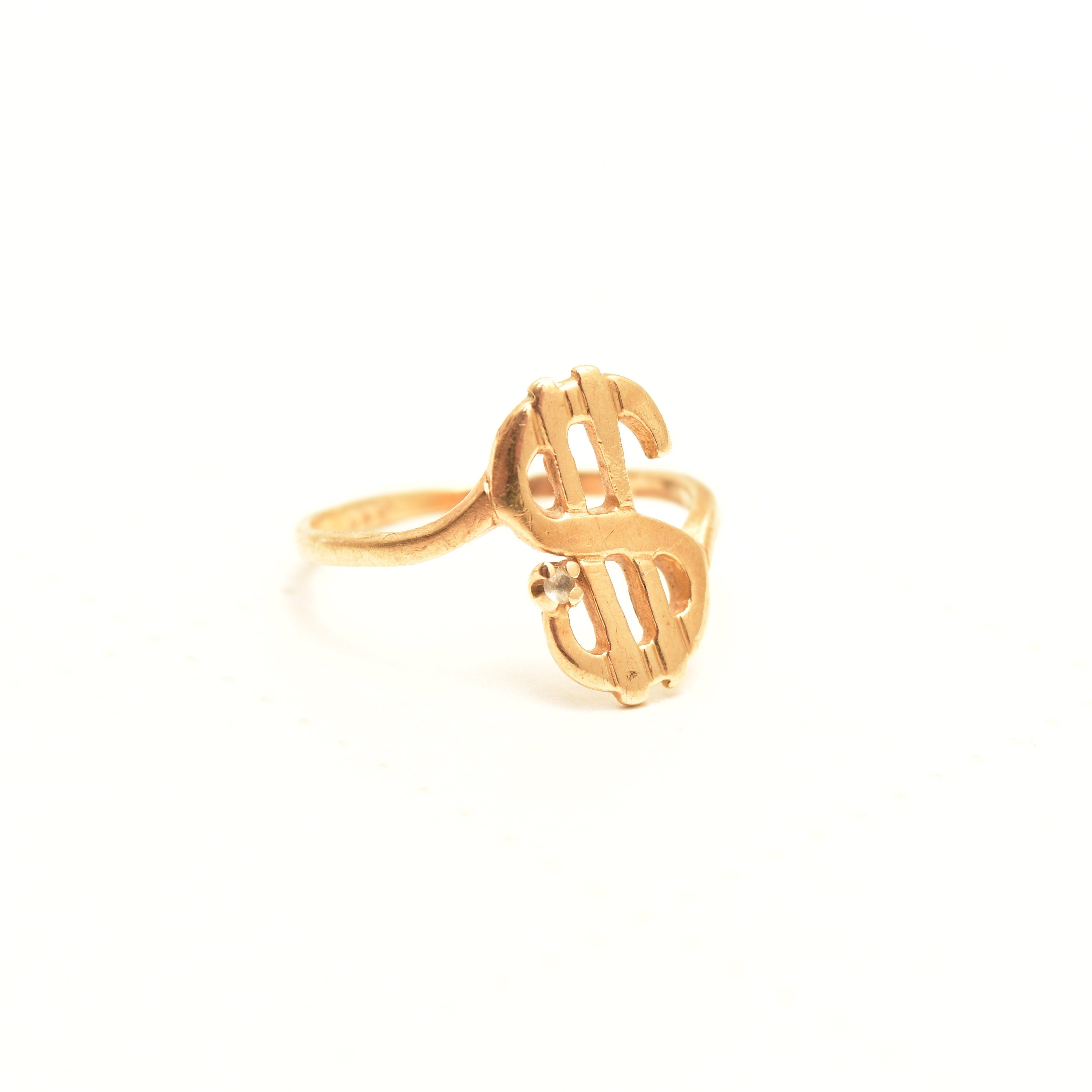 Minimalist 14K Dollar Sign Ring With Diamond Accent, Yellow Gold Money Ring, Estate Jewelry, Size 3 3/4 US
