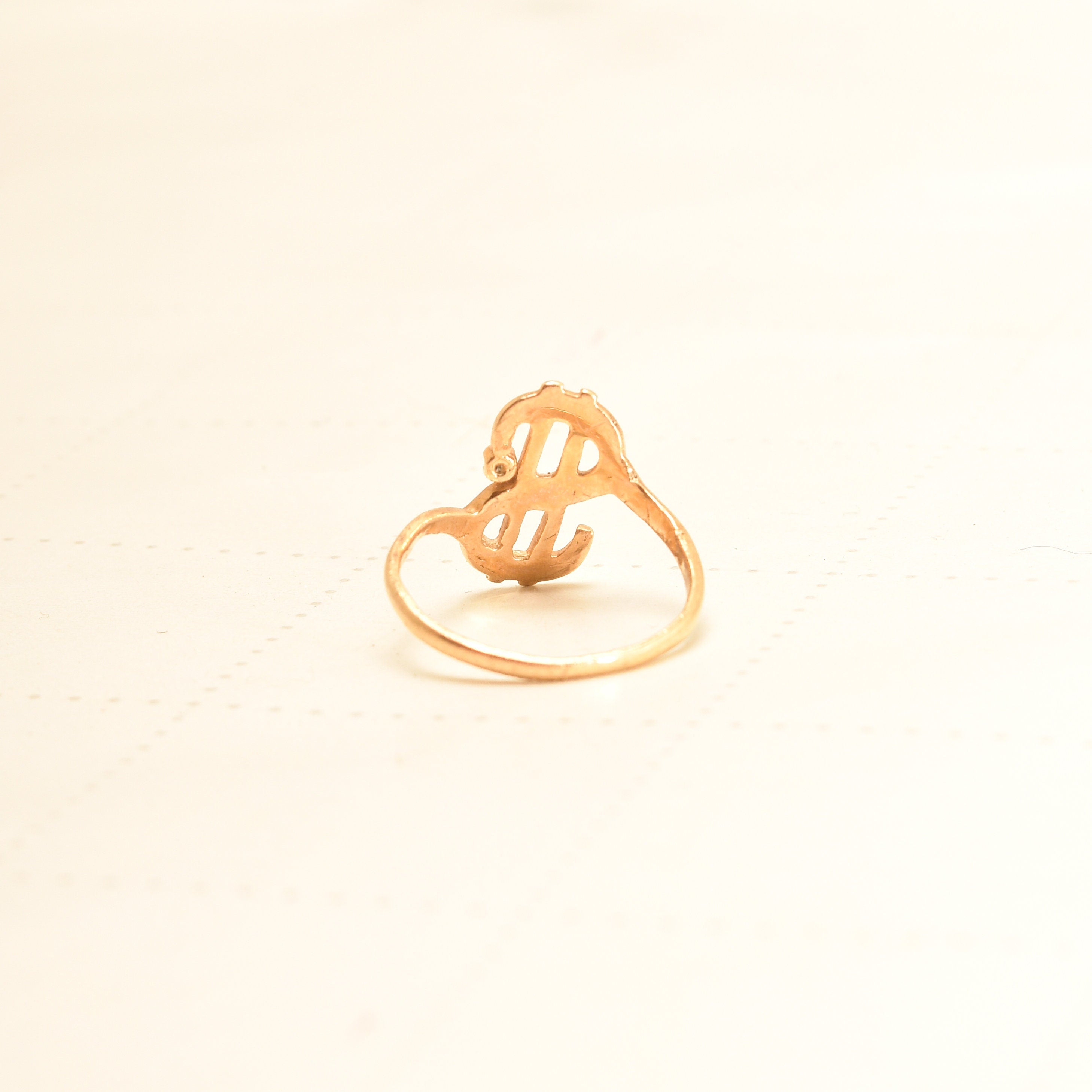 Minimalist 14K Dollar Sign Ring With Diamond Accent, Yellow Gold Money Ring, Estate Jewelry, Size 3 3/4 US